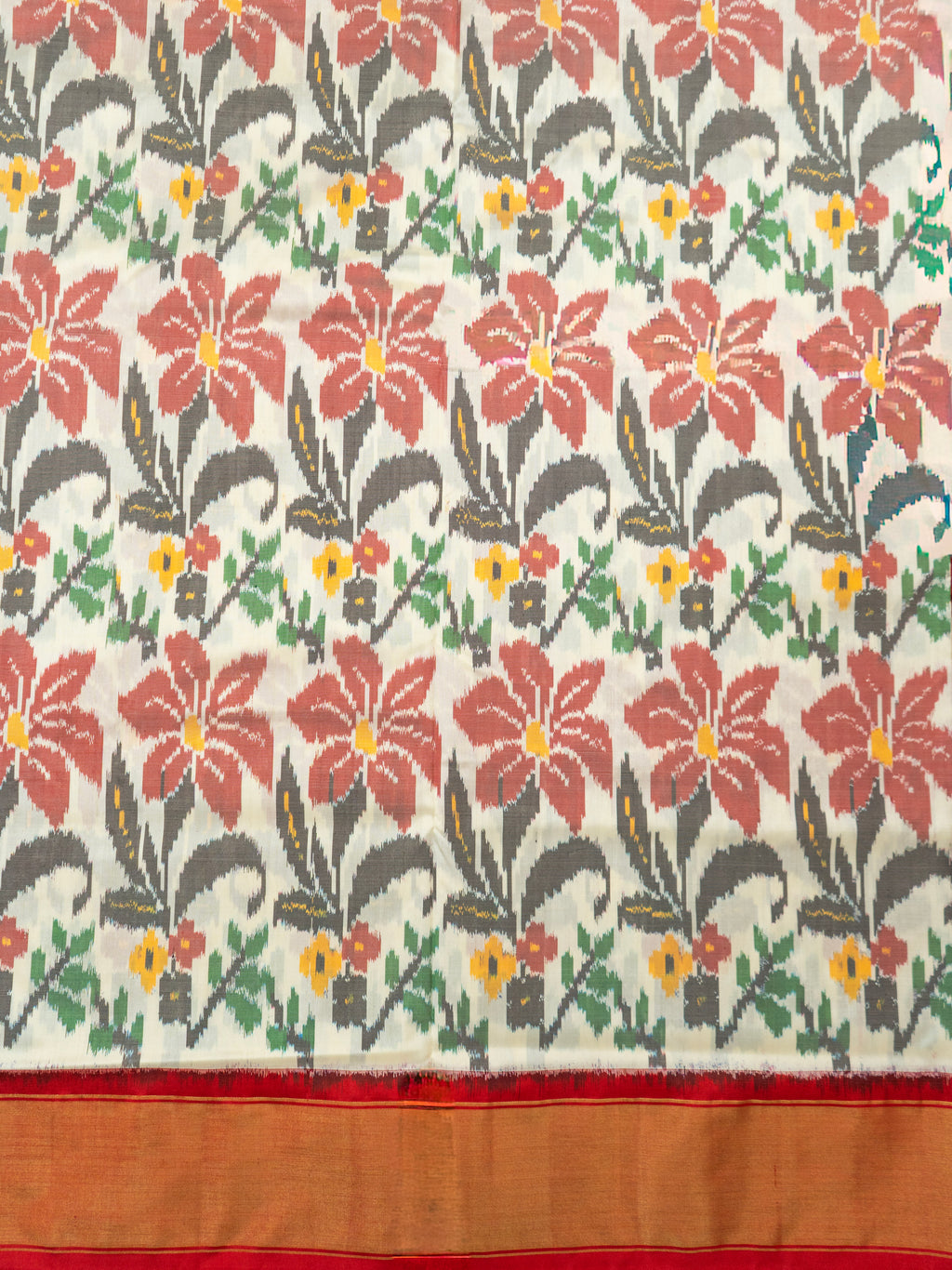 Pure Pochampally Double Ikat Silk Saree in White with Red Ikat Floral Pallu