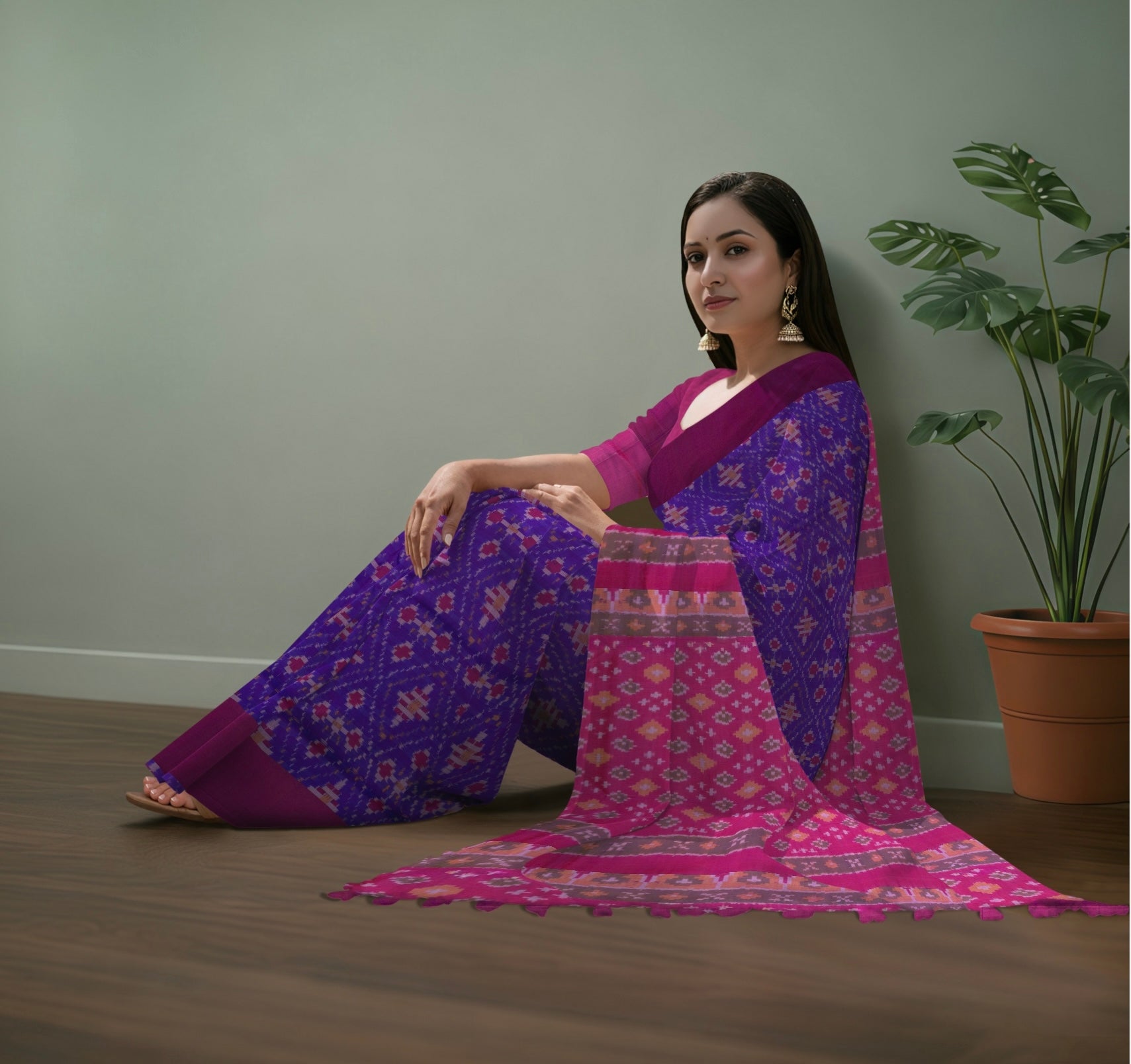 Pure Pochampally Cotton Silk Saree in Purple with Pink Ikat Pallu