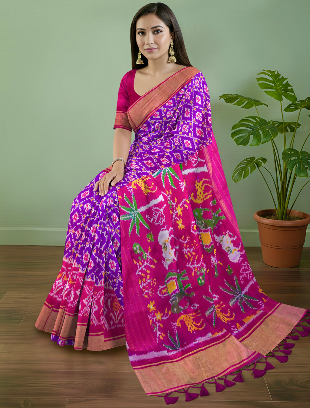 Pure Pochampally Double Ikat Silk Saree in Purple with Pink Ikat Border & Zari