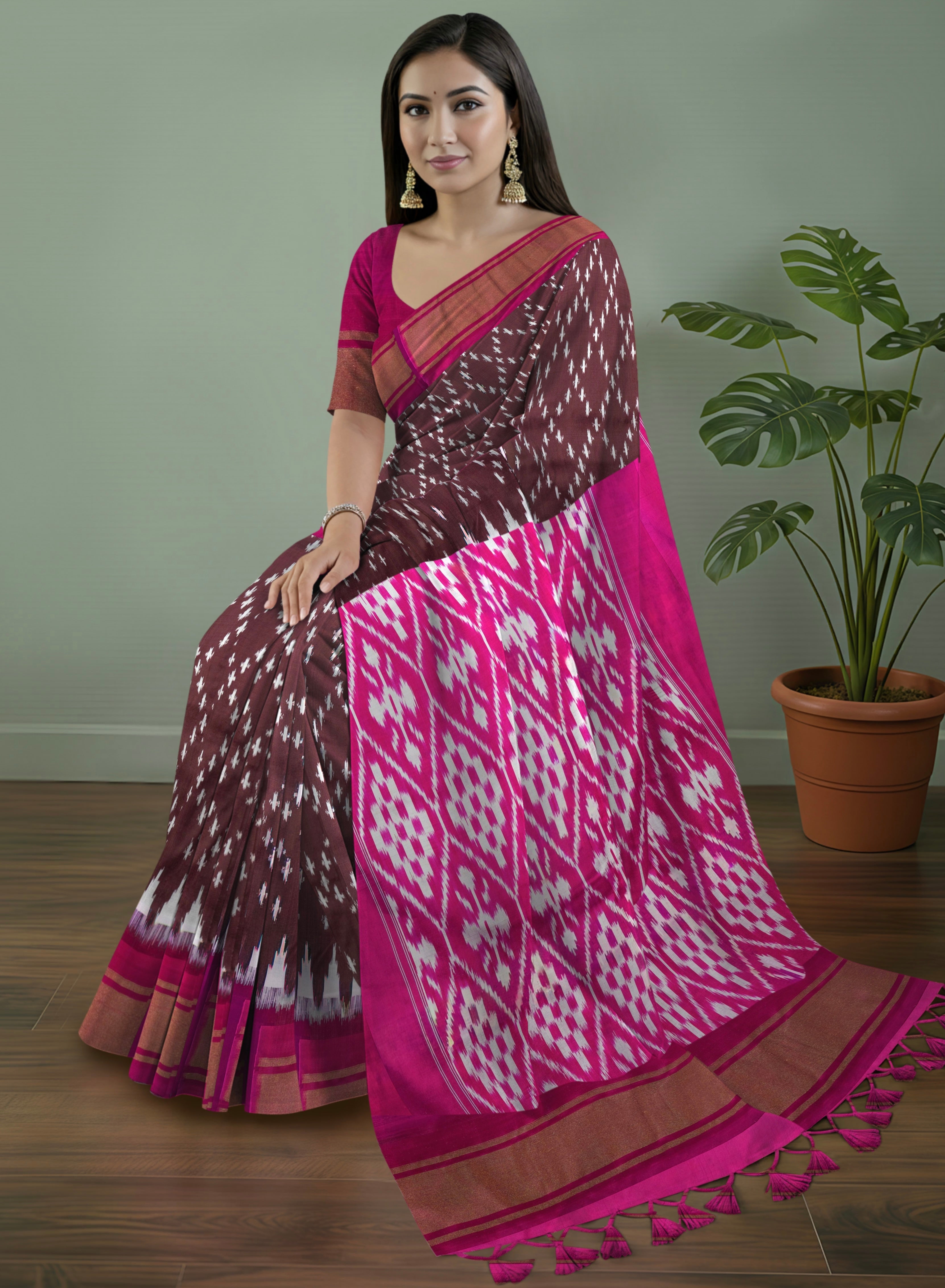 Pure Pochampally Silk Saree in Brown with Ikat Weaving & Contrast Pink Pallu