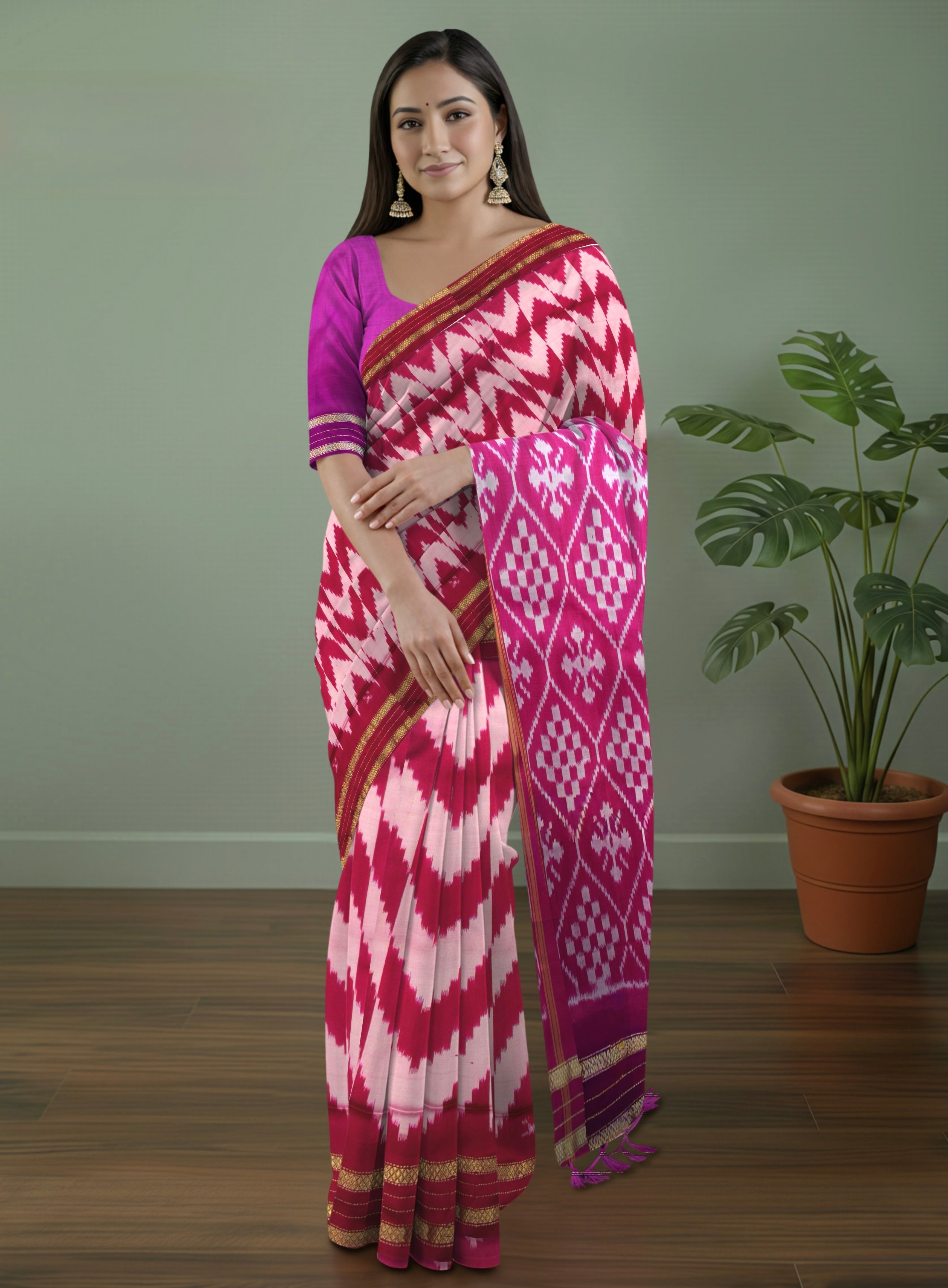 Pure Pochampally Double Ikat Silk Saree in Pink with Ikat Pallu, Golden Zari & Plain Blouse