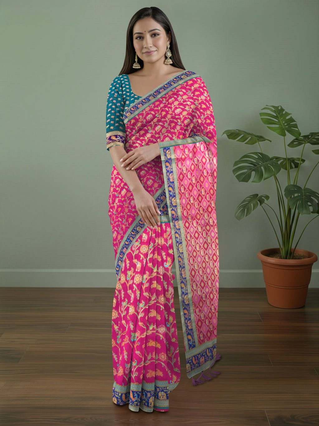 Pure Rajwada Silk Saree in Baby Pink with Elephant Weaving & Sea Green Blouse