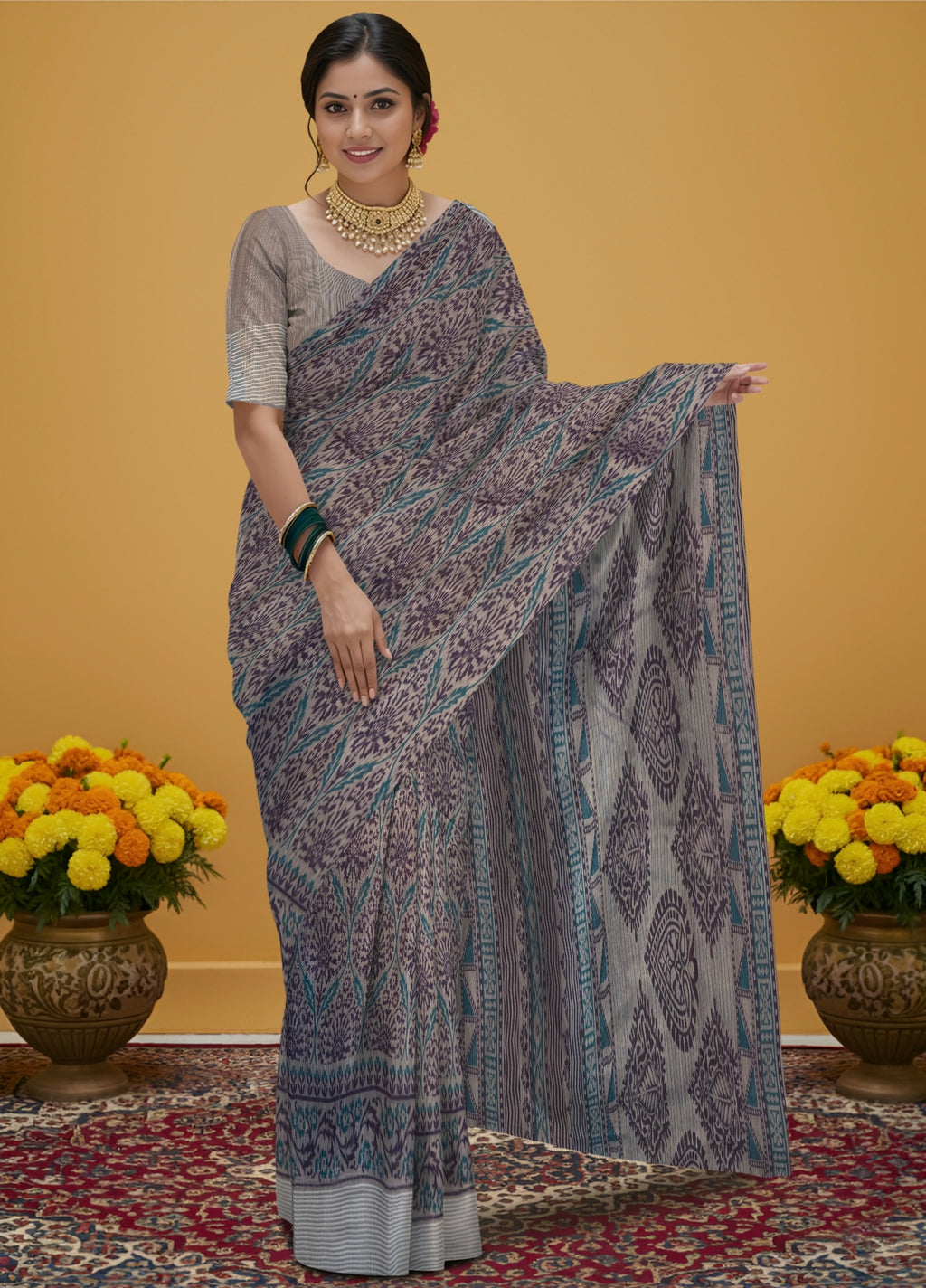 Kalamkari saree in violet color designer print pallu and plain blouse