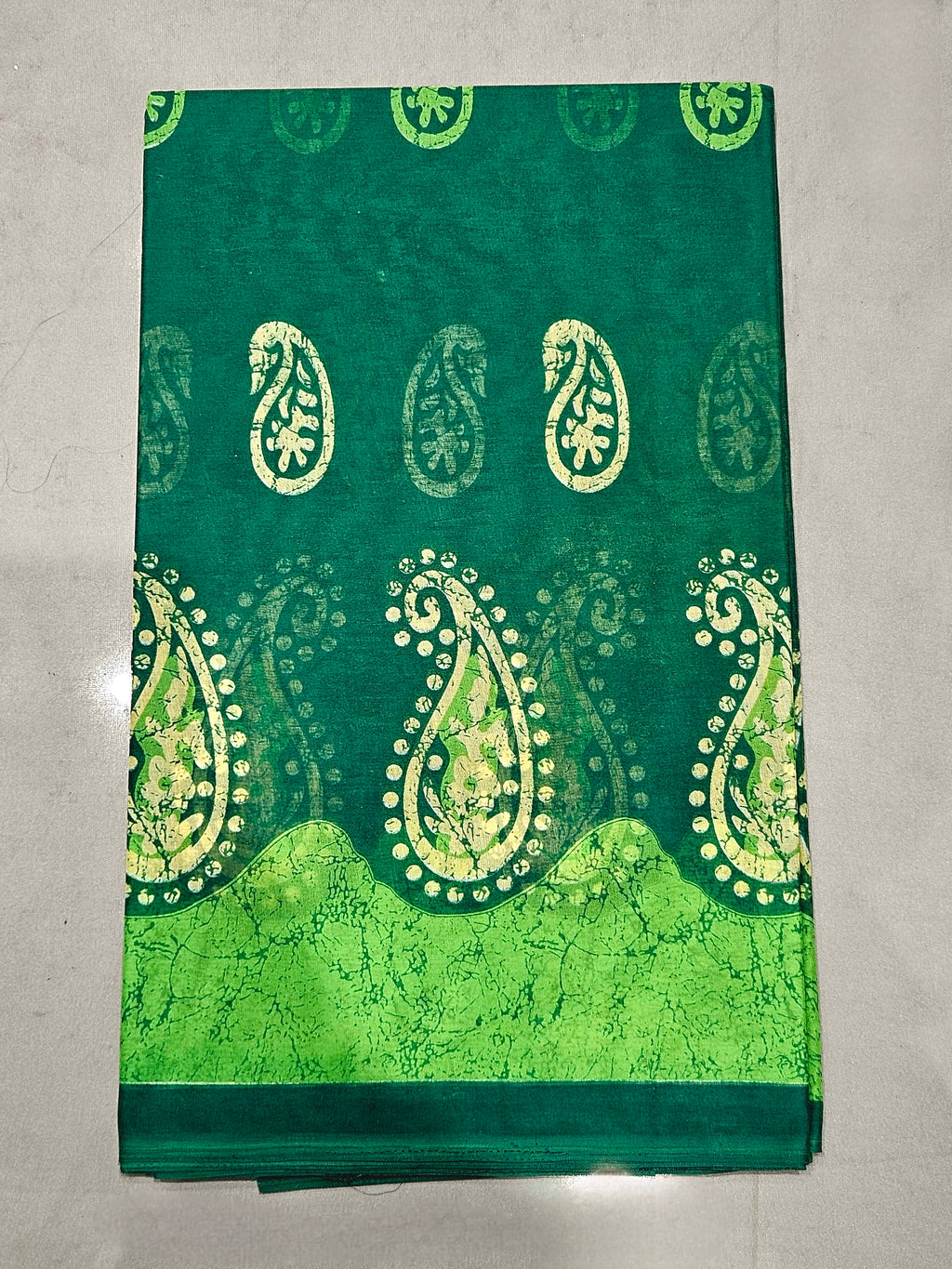 Hand Batik Print Cotton Saree in Dark Green Color