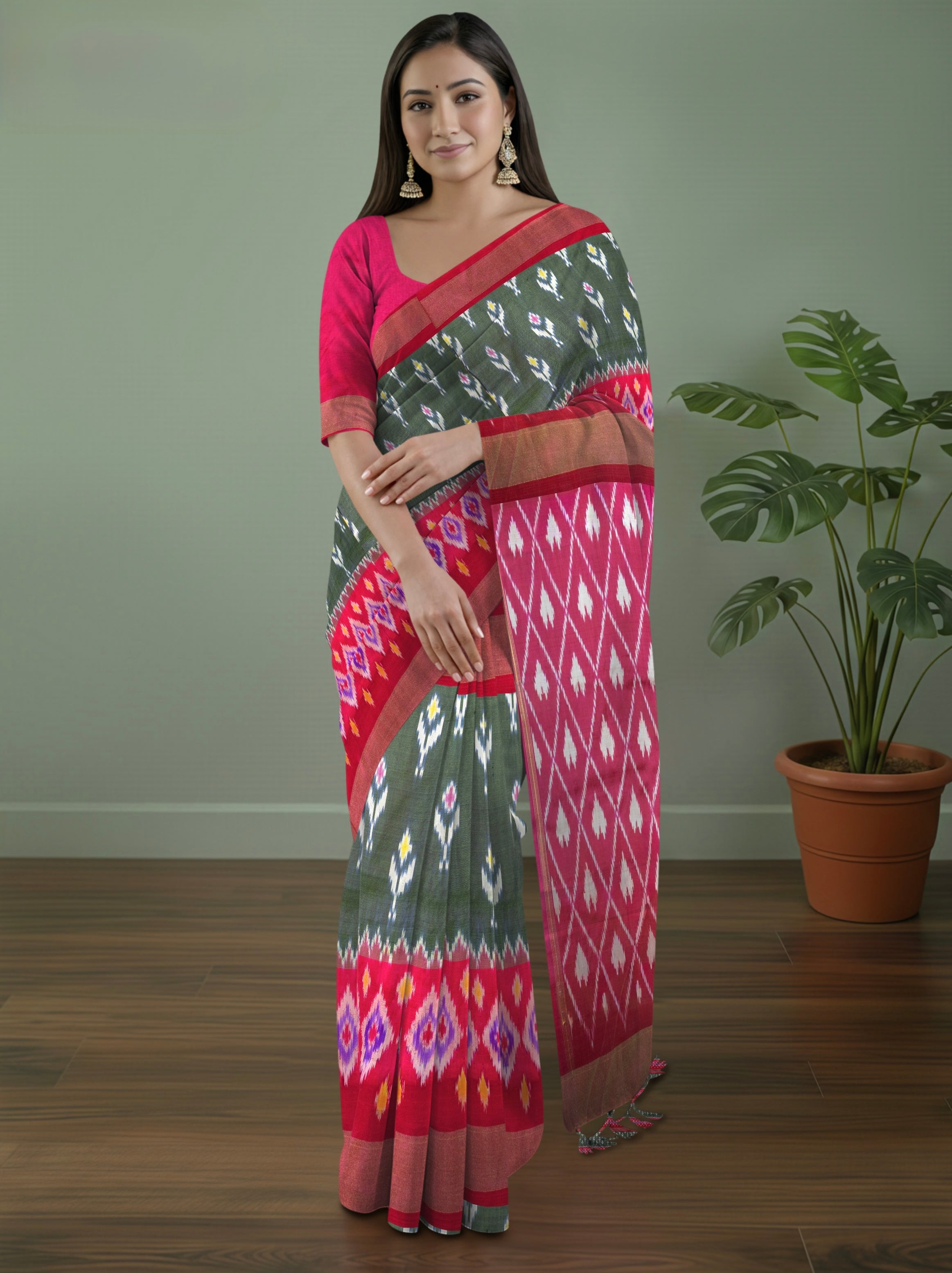 Pure Pochampally Double Ikat Silk Saree in Green with Pink Zari & Ikkat Border