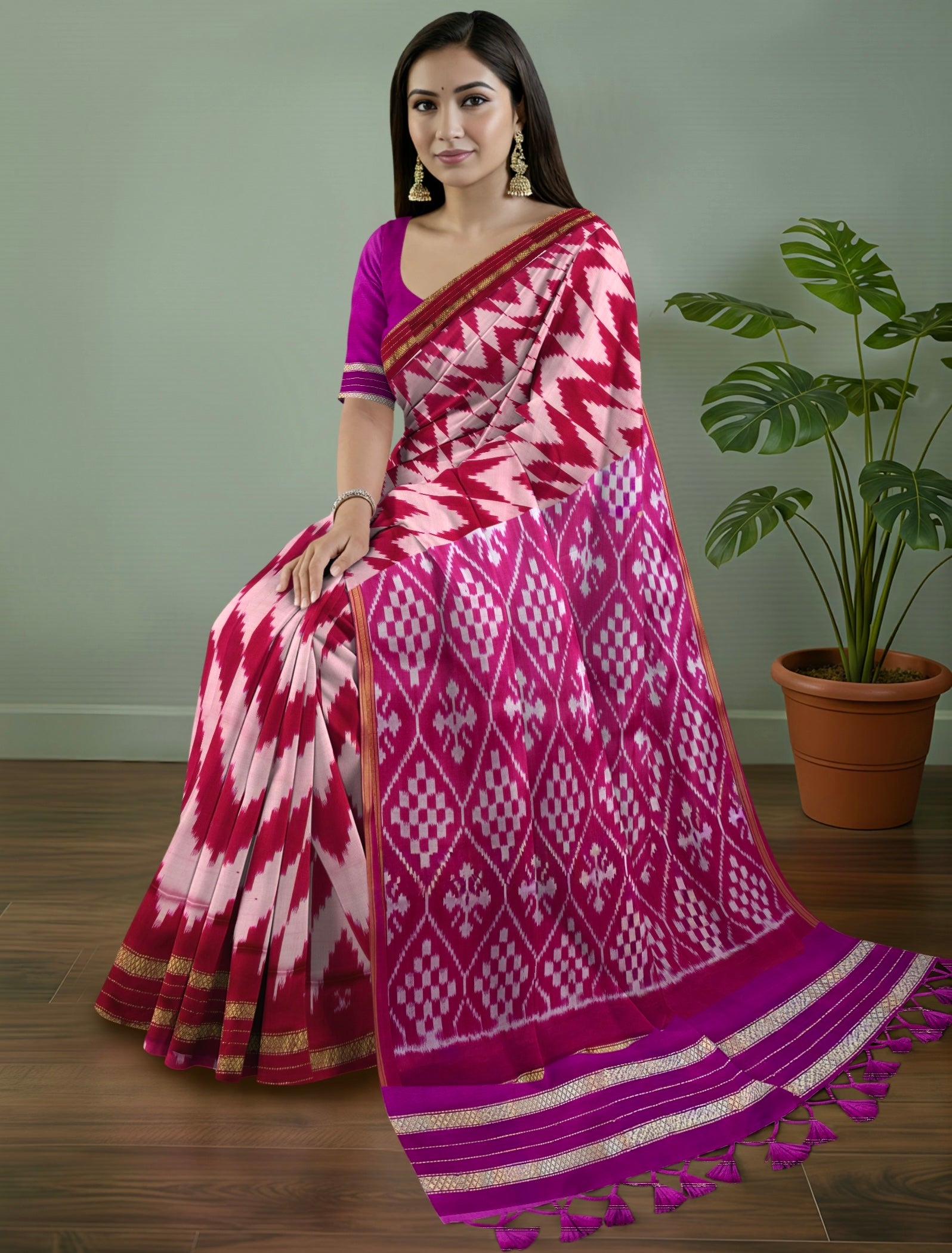 Pure Pochampally Double Ikat Silk Saree in Pink with Ikat Pallu, Golden Zari & Plain Blouse