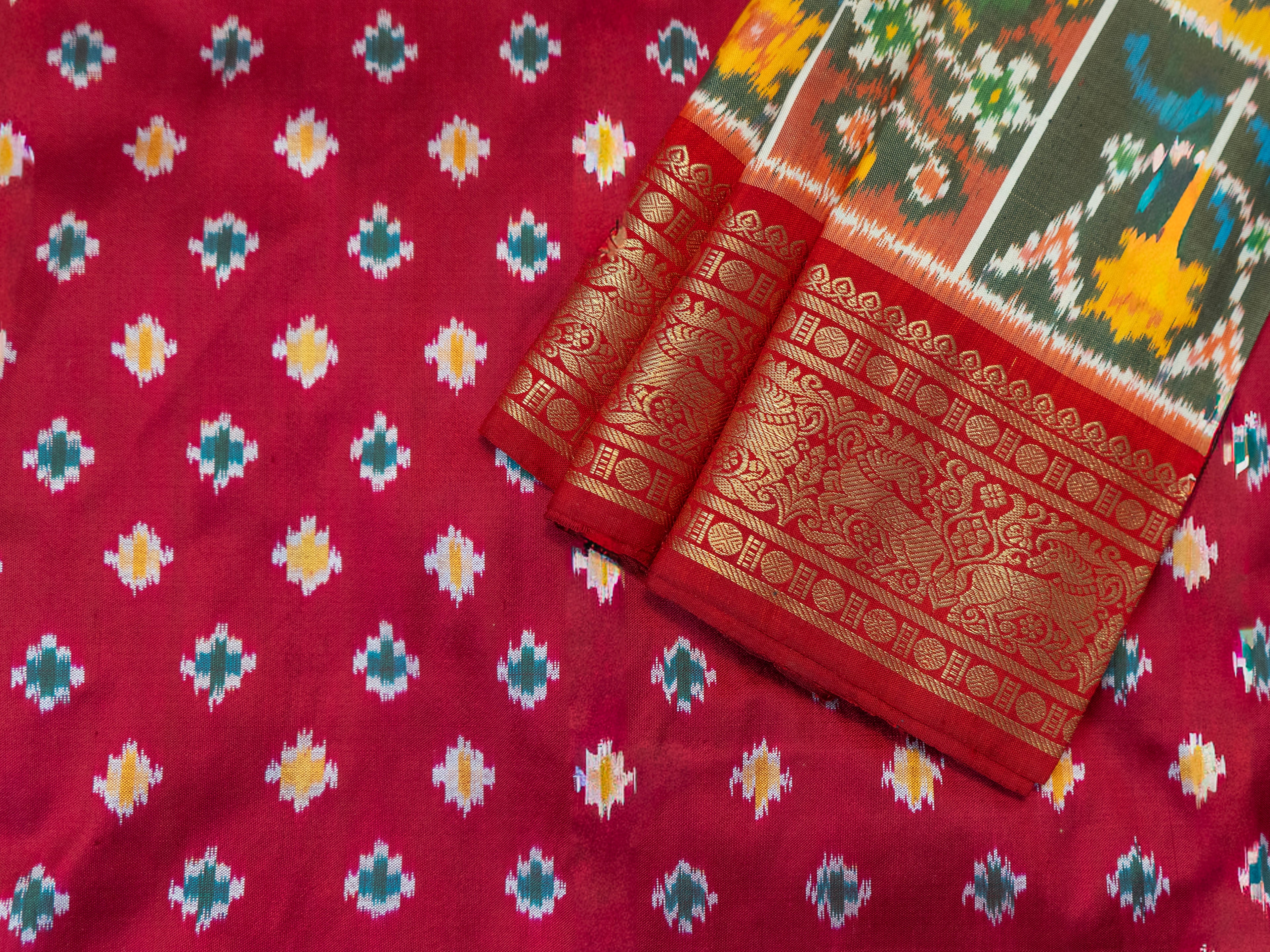 Pure Pochampally Double Ikat Silk Saree with Kanjivaram Border, Deep Red Designer Pallu
