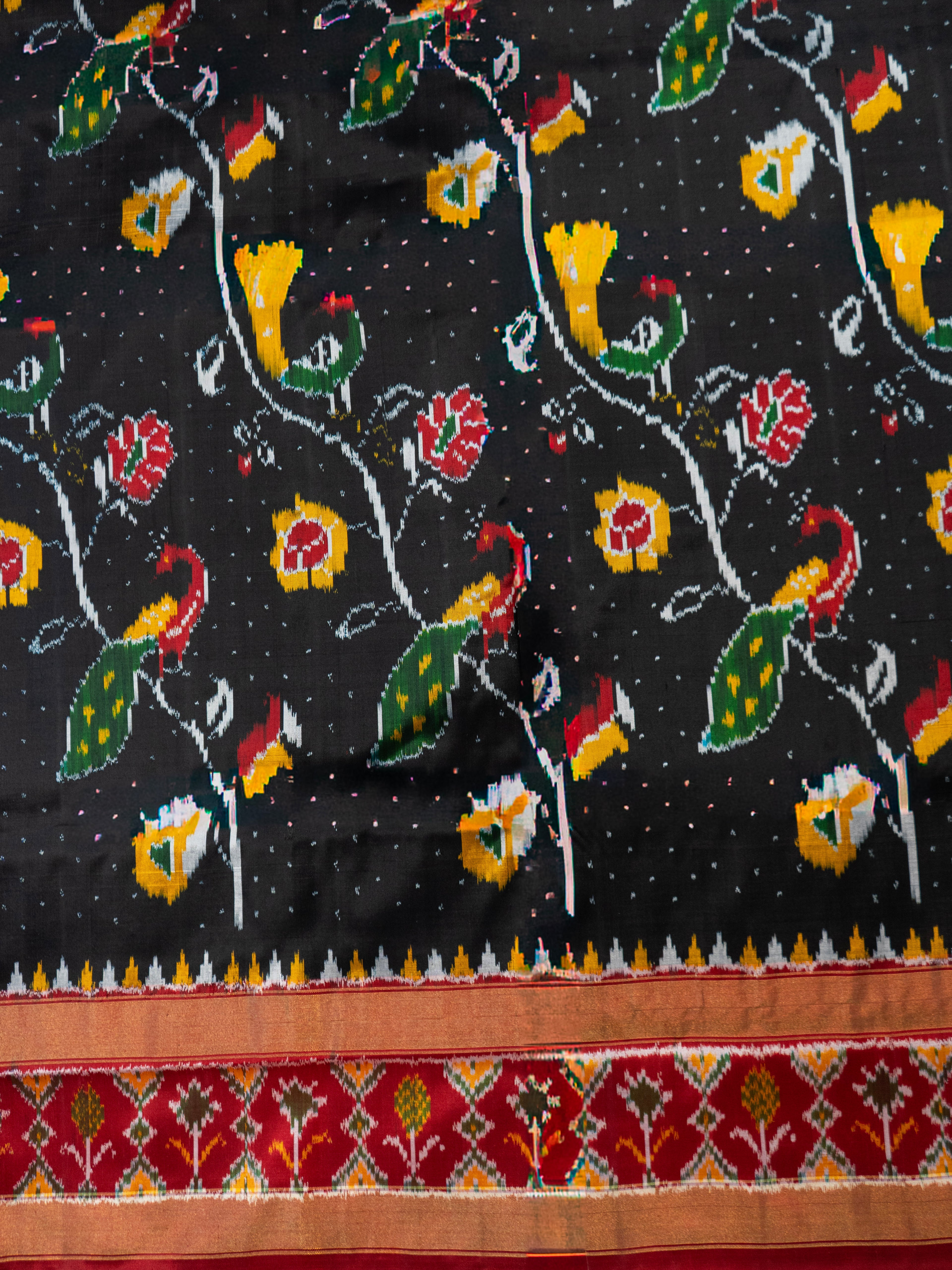 Pure Pochampally Ikat Silk Saree in Black with Animal Motif Weaving & Red Blouse