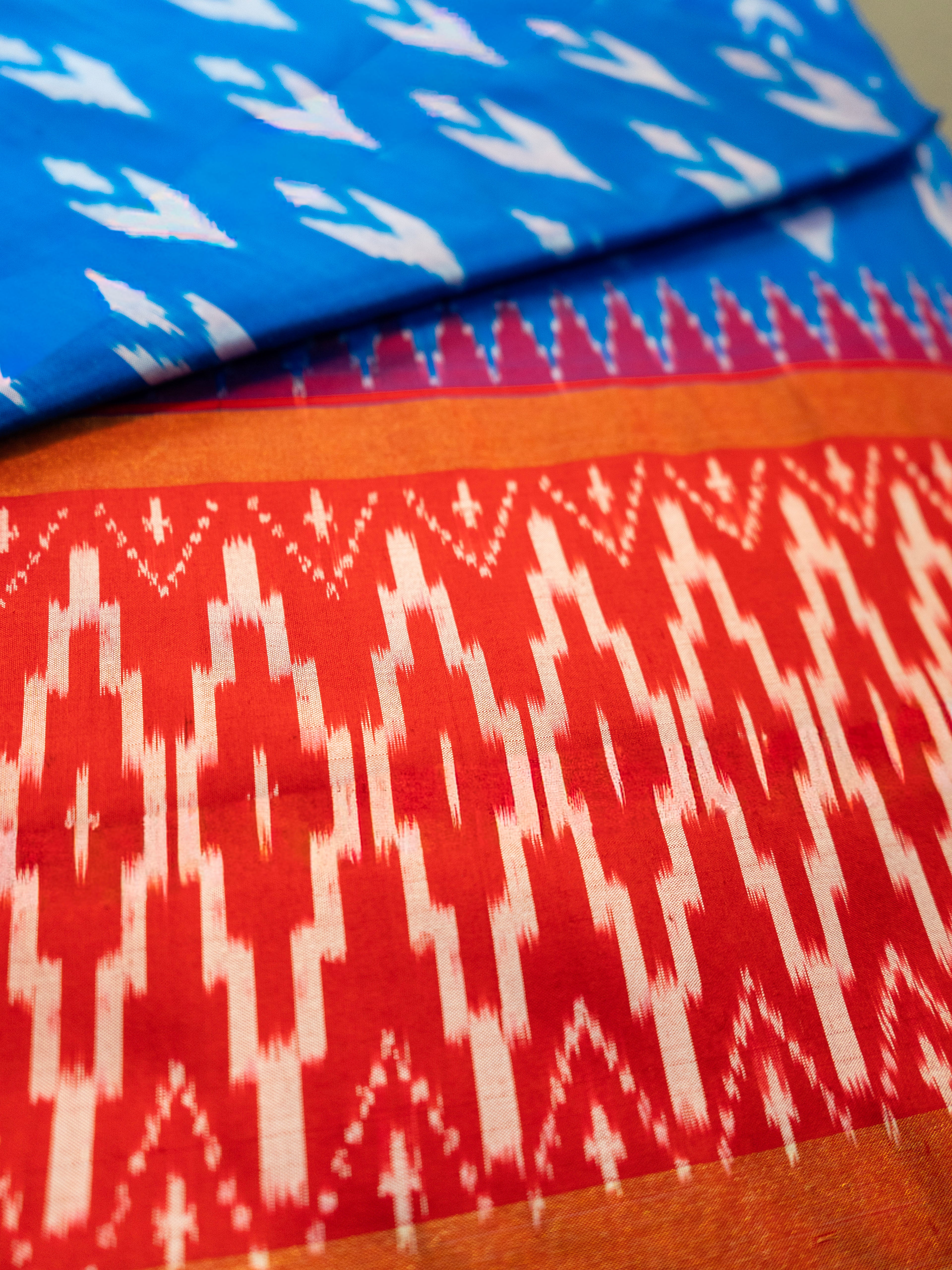 Pure Pochampally Double Ikat Blue Silk Saree with Red Ikat & Golden Zari pallu and border
