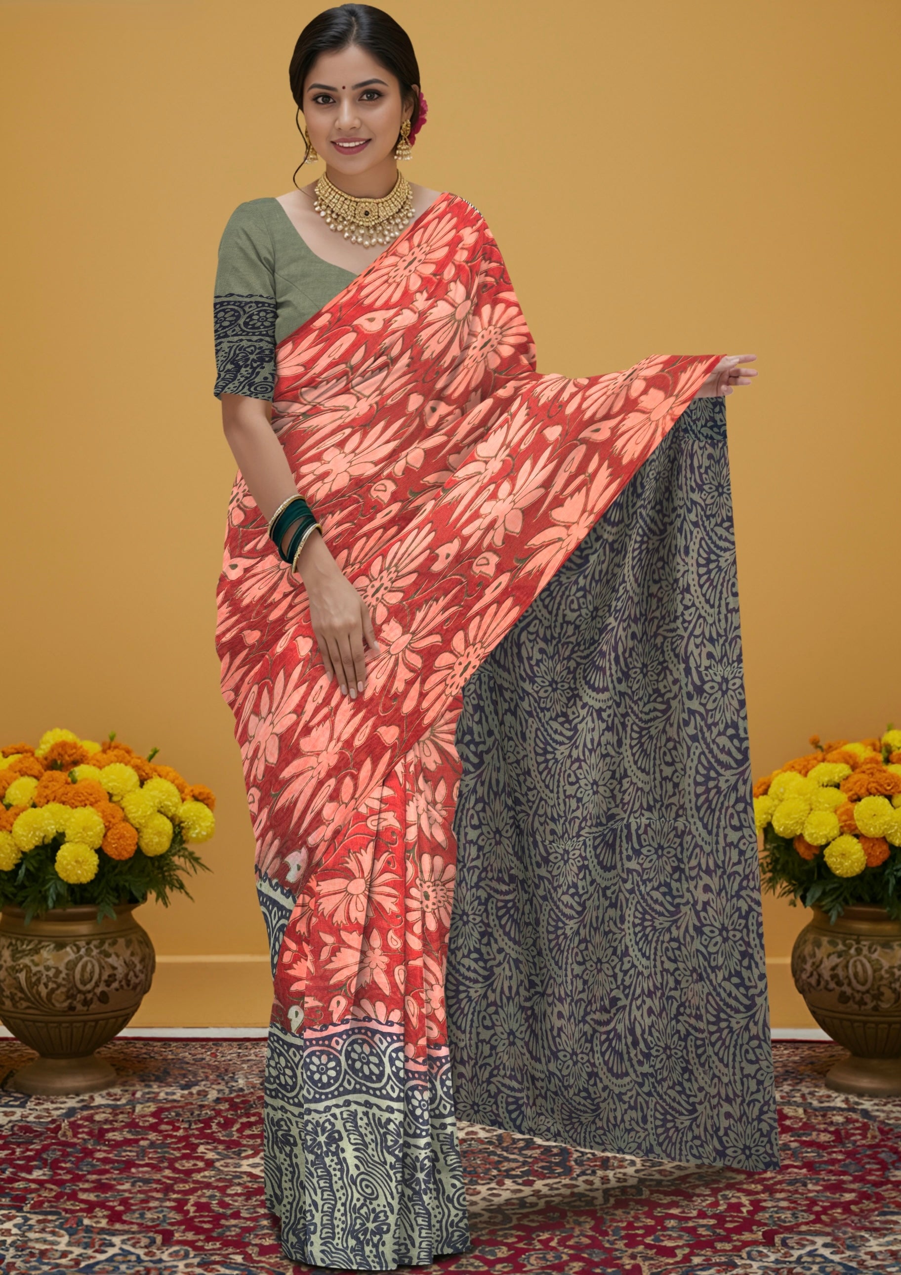 Kalamkari Floral Print Saree with Contrast Kalamkari Pallu & Border