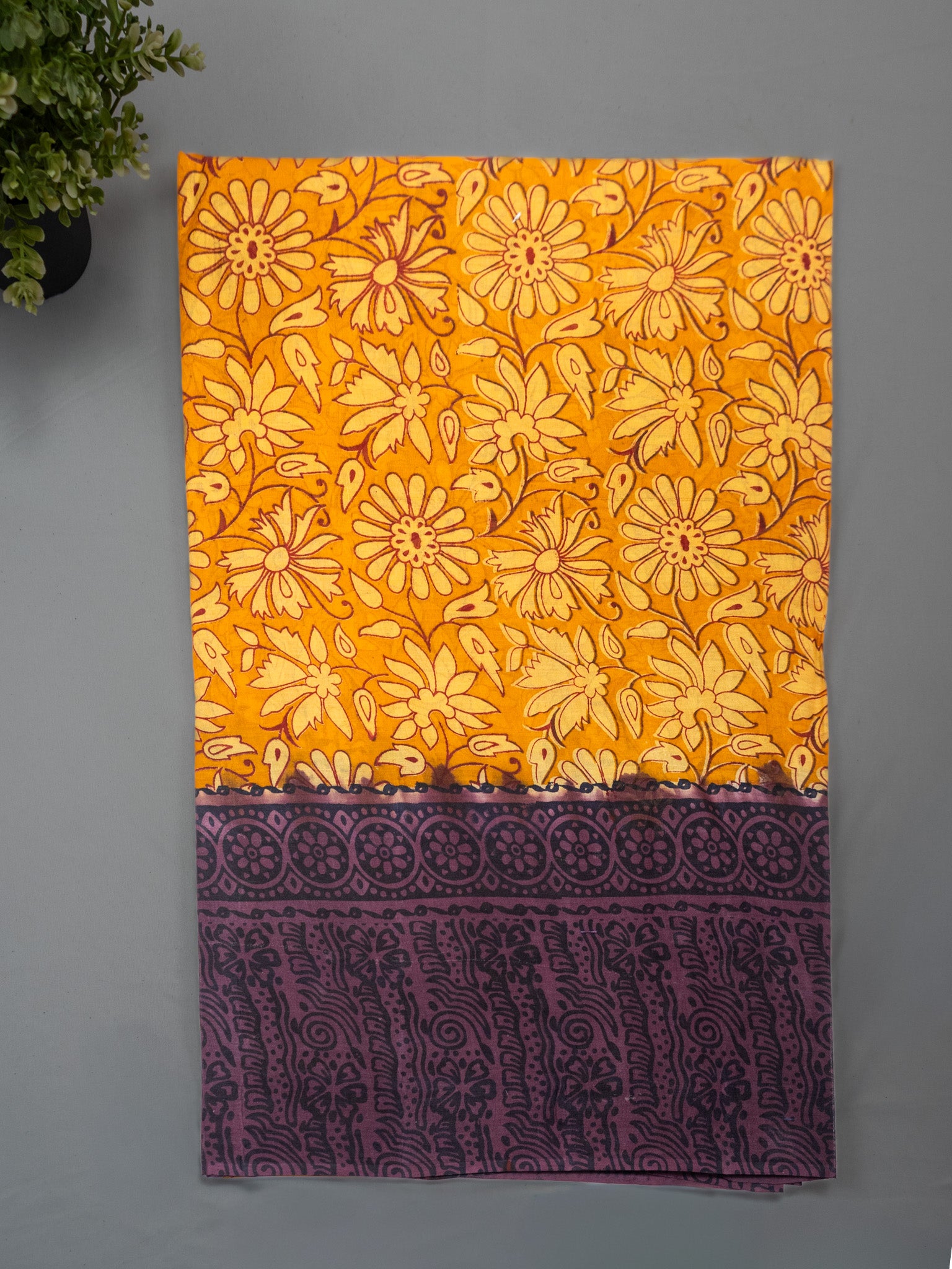 Kalamkari Floral Print Saree with Contrast Kalamkari Pallu & Border