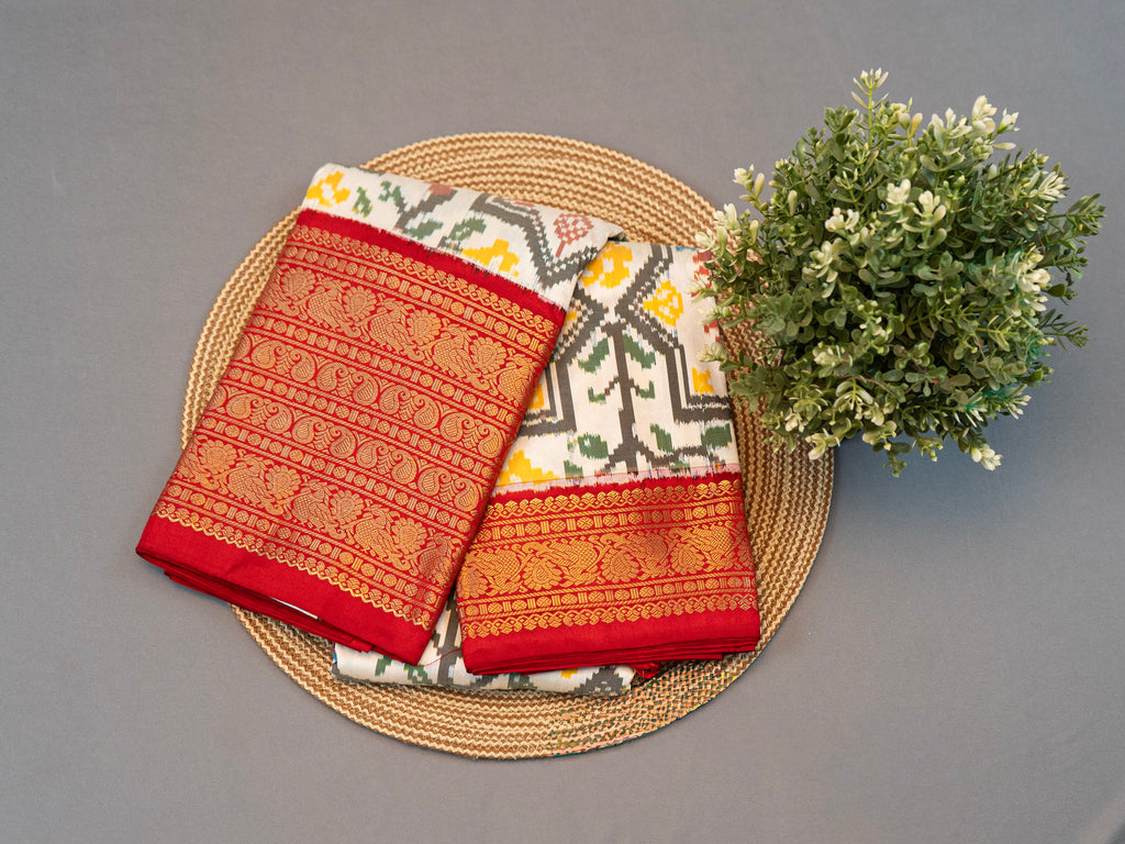 Signature Kanchipuram Pochampally Double Ikat Silk Saree in White with Red Zari Pallu