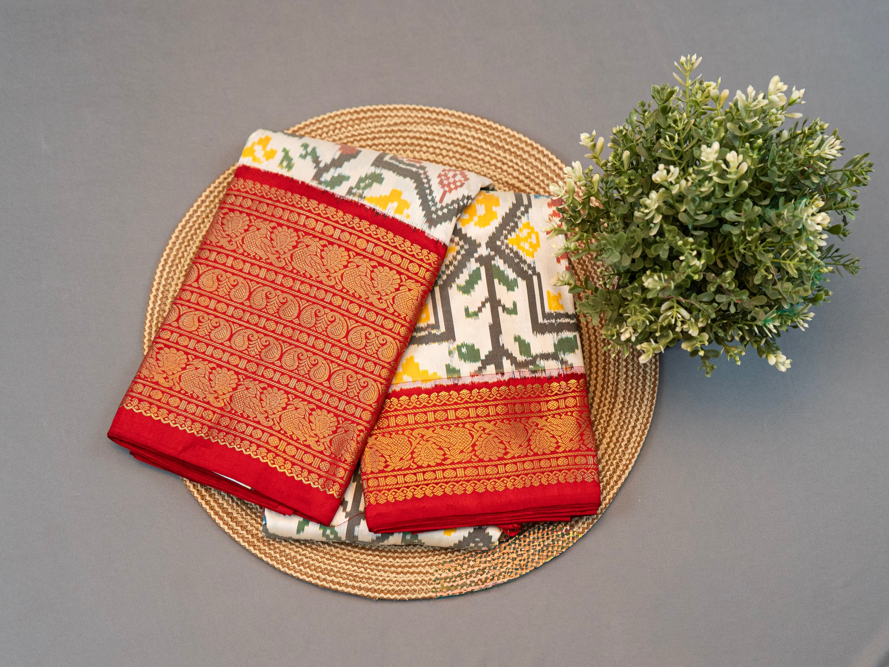 Signature Kanchipuram Pochampally Double Ikat Silk Saree in White with Red Zari Pallu