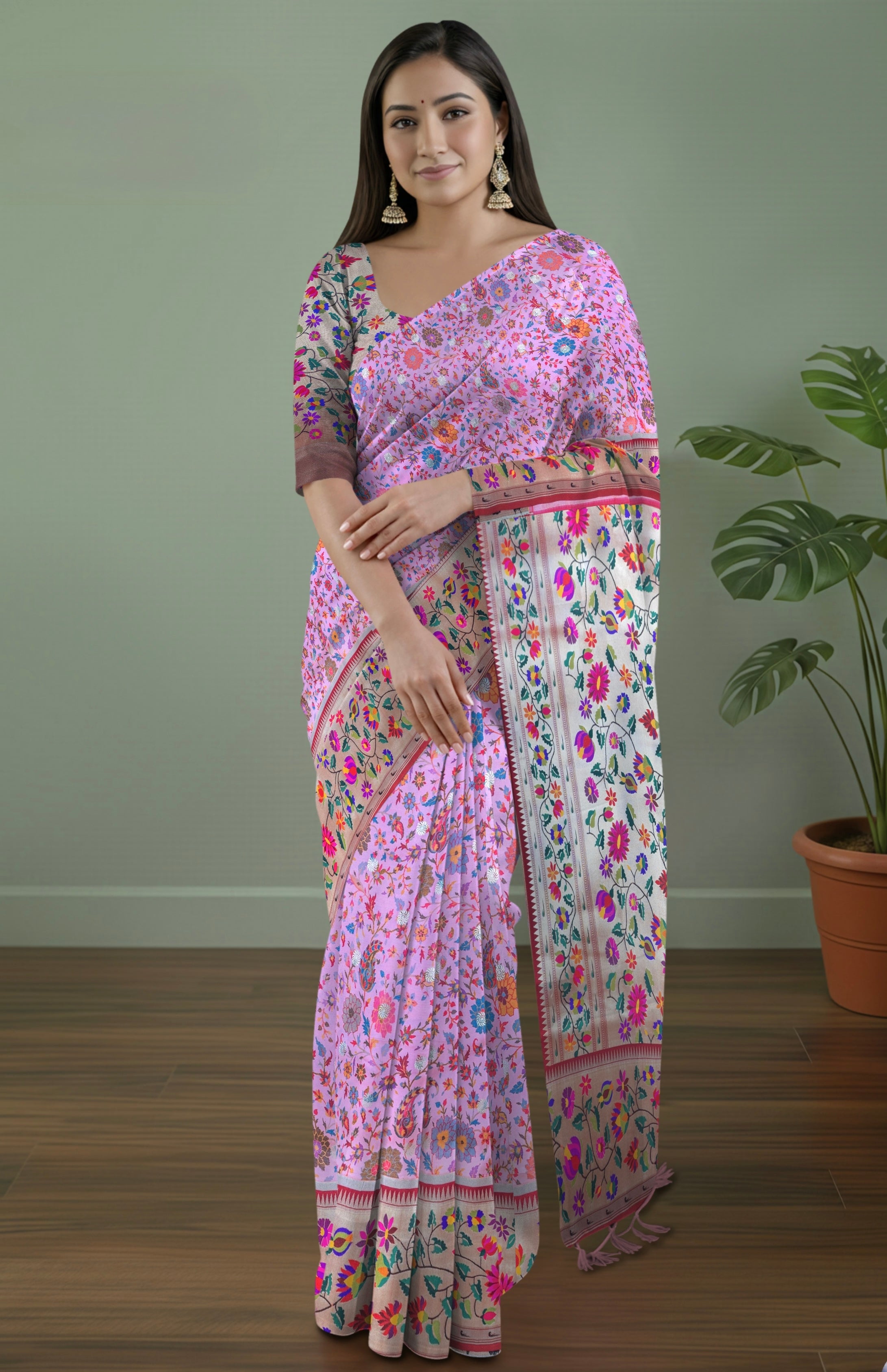 Pure Maharashtrian Patni Silk Saree in Pink with Floral Print & Silver Zari Pallu