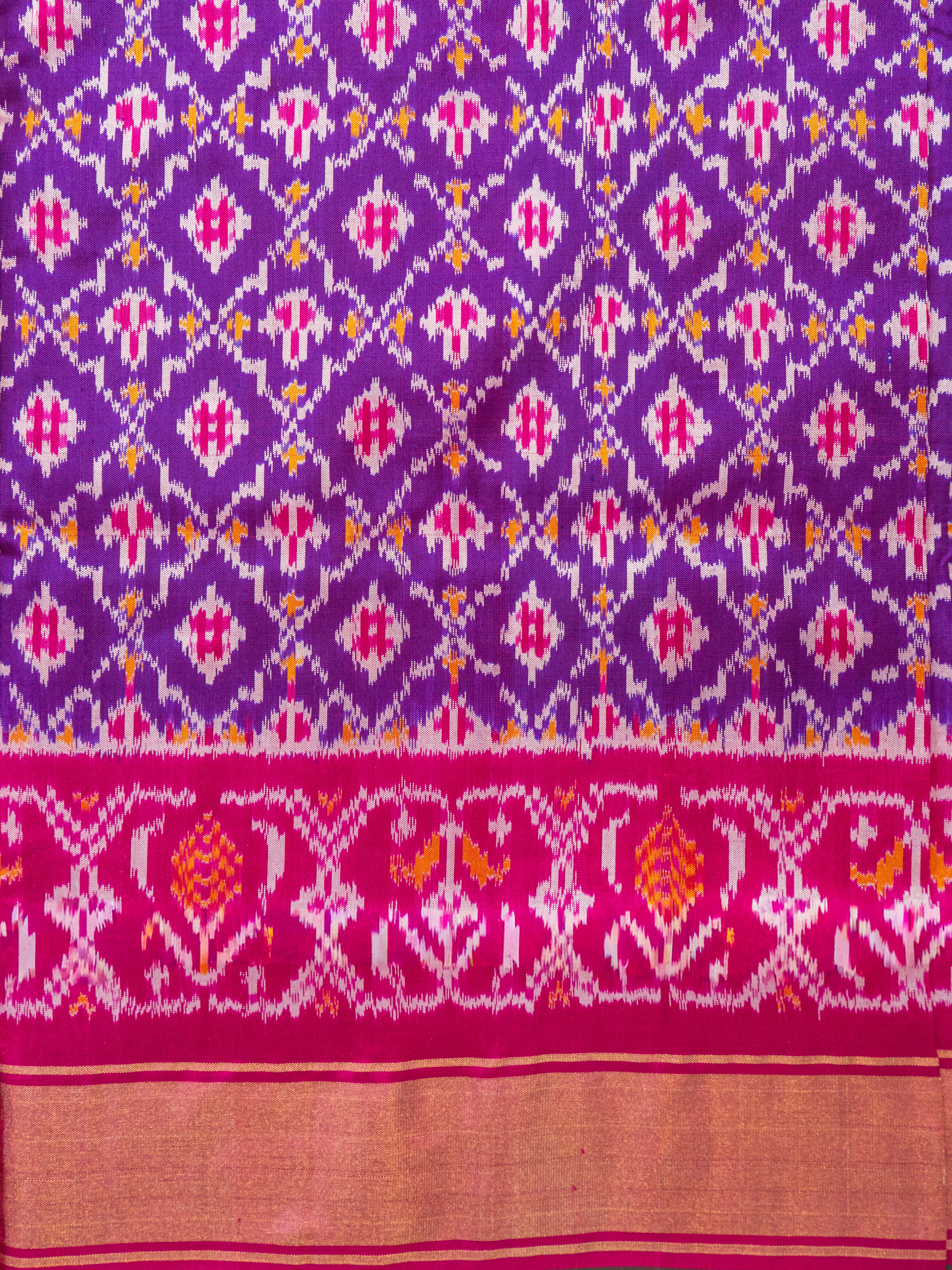 Pure Pochampally Double Ikat Silk Saree in Purple with Pink Ikat Border & Zari