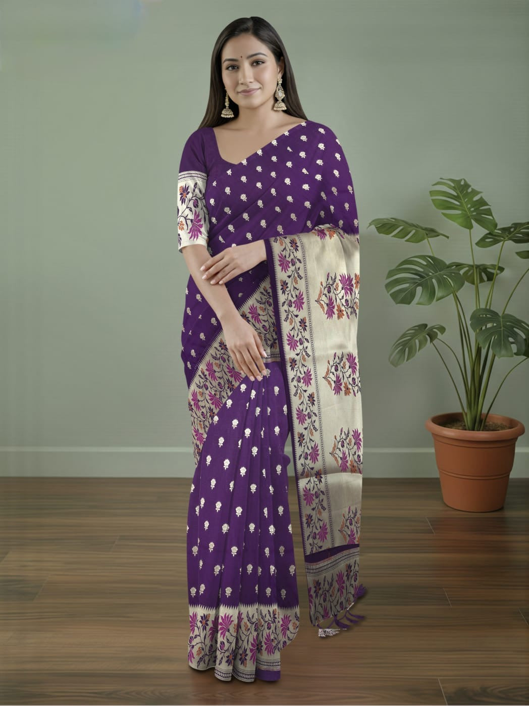 Pure Banarasi Katan Silk Saree in Deep Violet with Multicolor Floral Zari & Rich Zari Pallu