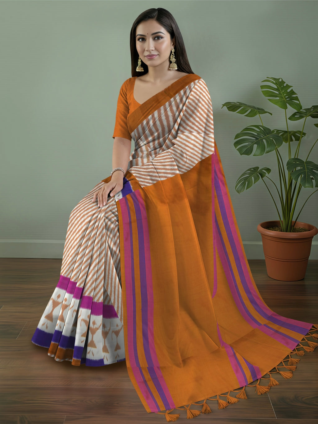 Pure Pochampally Double Ikat Silk Saree in Brown & White with Kalamkari Border