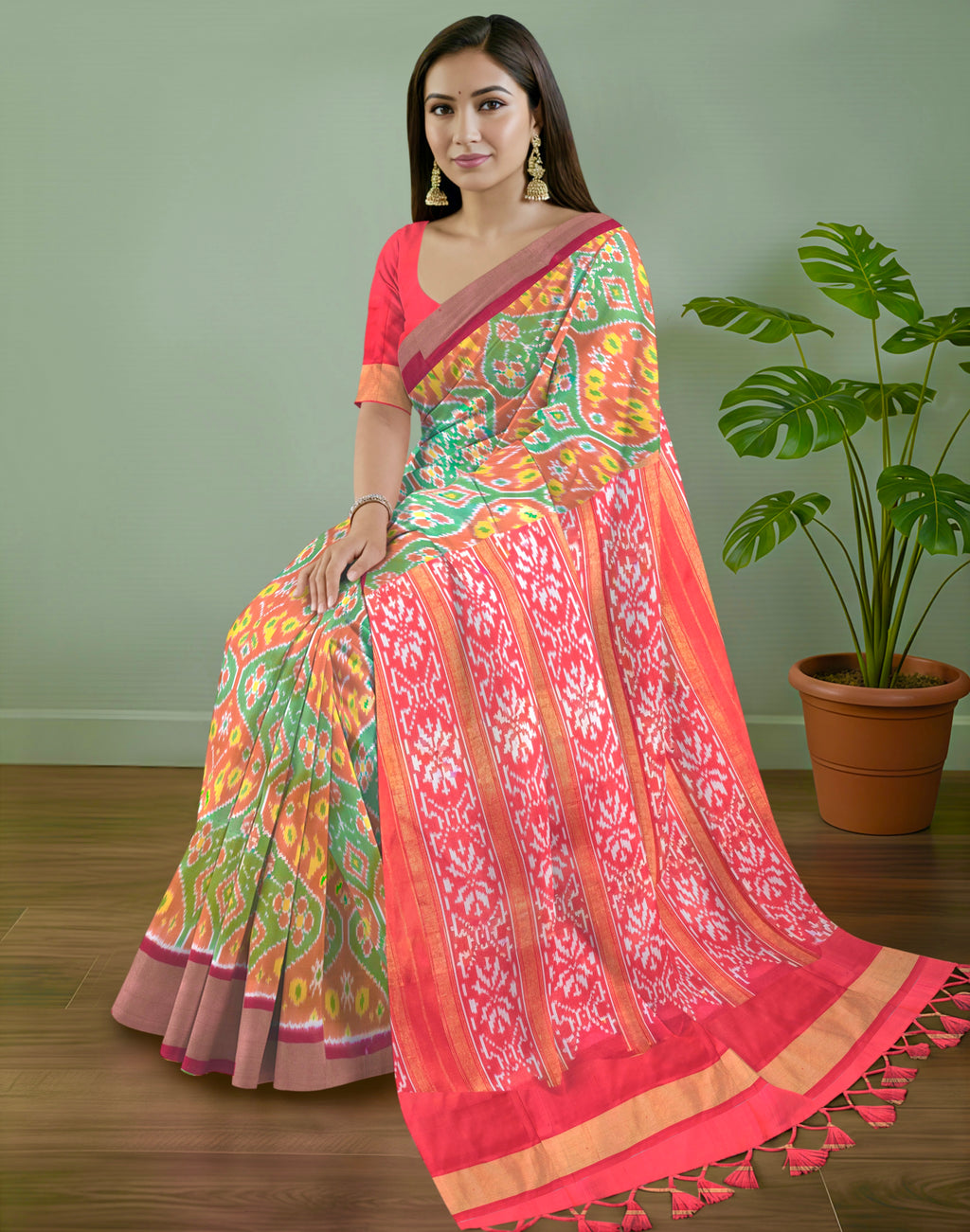 Pure Pochampally silk saree in Green double ikkat with designer pallu and contrast Blouse