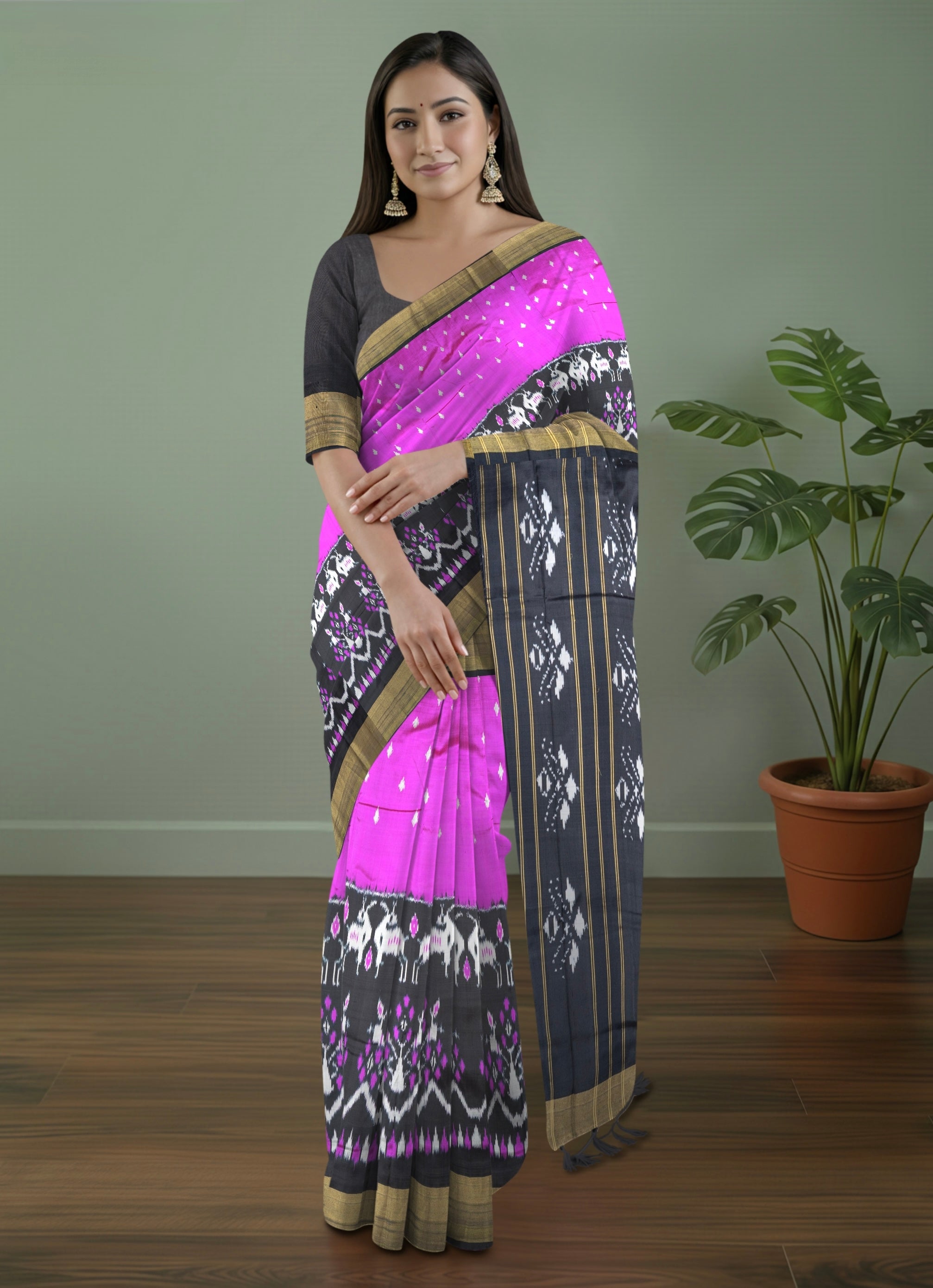 Pure Pochampally Double Ikat Pink Silk Saree with Black Designer Ikat Pallu & Gold Zari Border