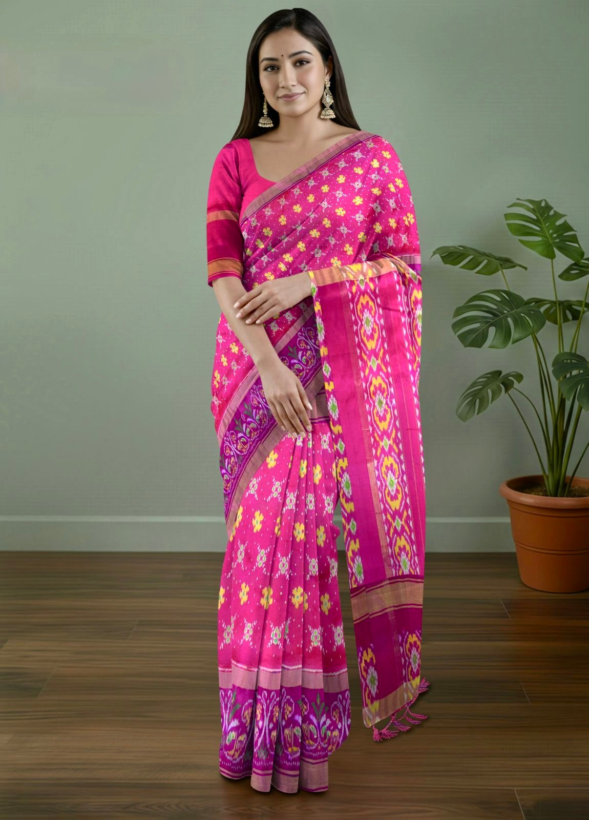 Premium Pure Pochampally Double Ikat Silk Saree in Deep Pink with All-Over Ikat & Zari