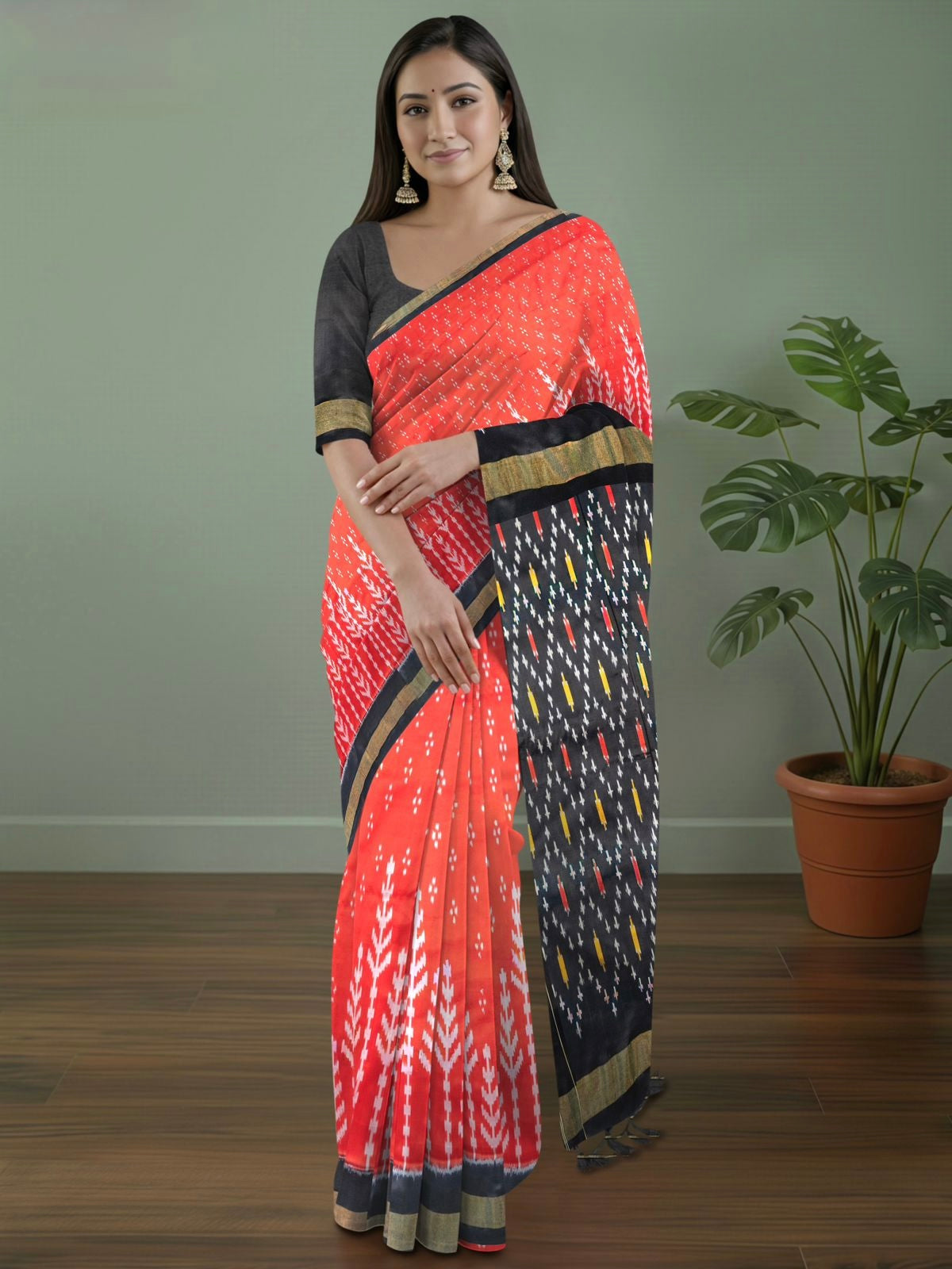 Pure Pochampally Silk Saree in Red with Black Ikat Pallu & Golden Zari