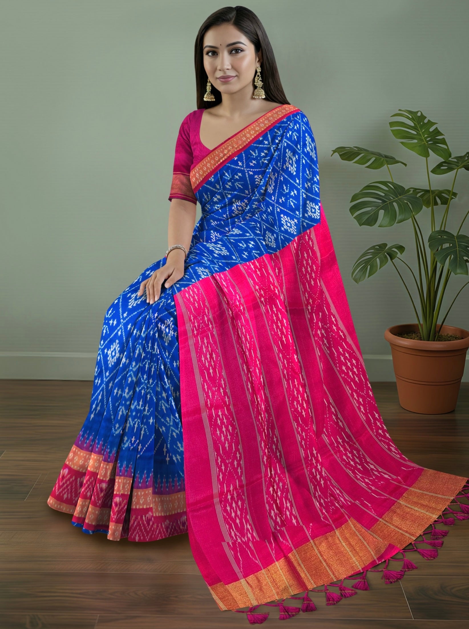 Pure Pochampally Double Ikat Silk Saree in Blue with White Ikat & Contrast Pink Pallu