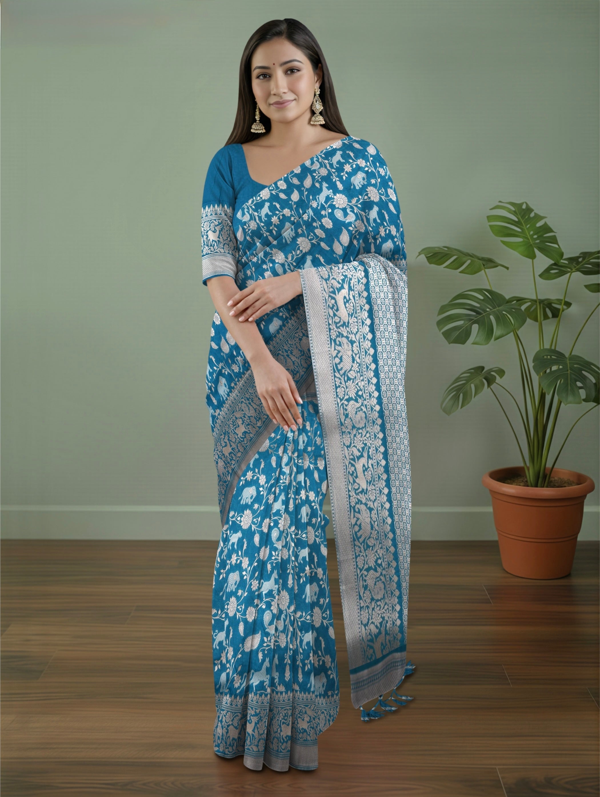 Pure Banarasi Katan Silk Saree with Elephant & Animal Motif Weaving and Silver Zari