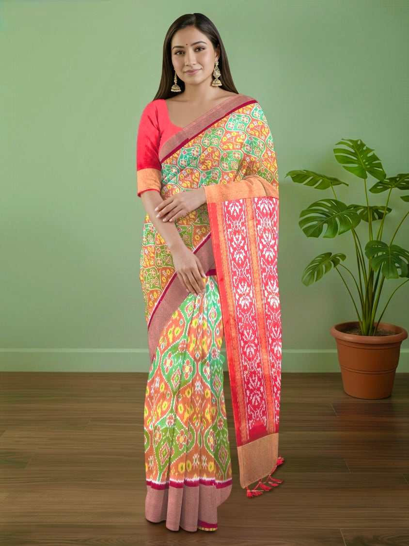 Pure Pochampally silk saree in Green double ikkat with designer pallu and contrast Blouse
