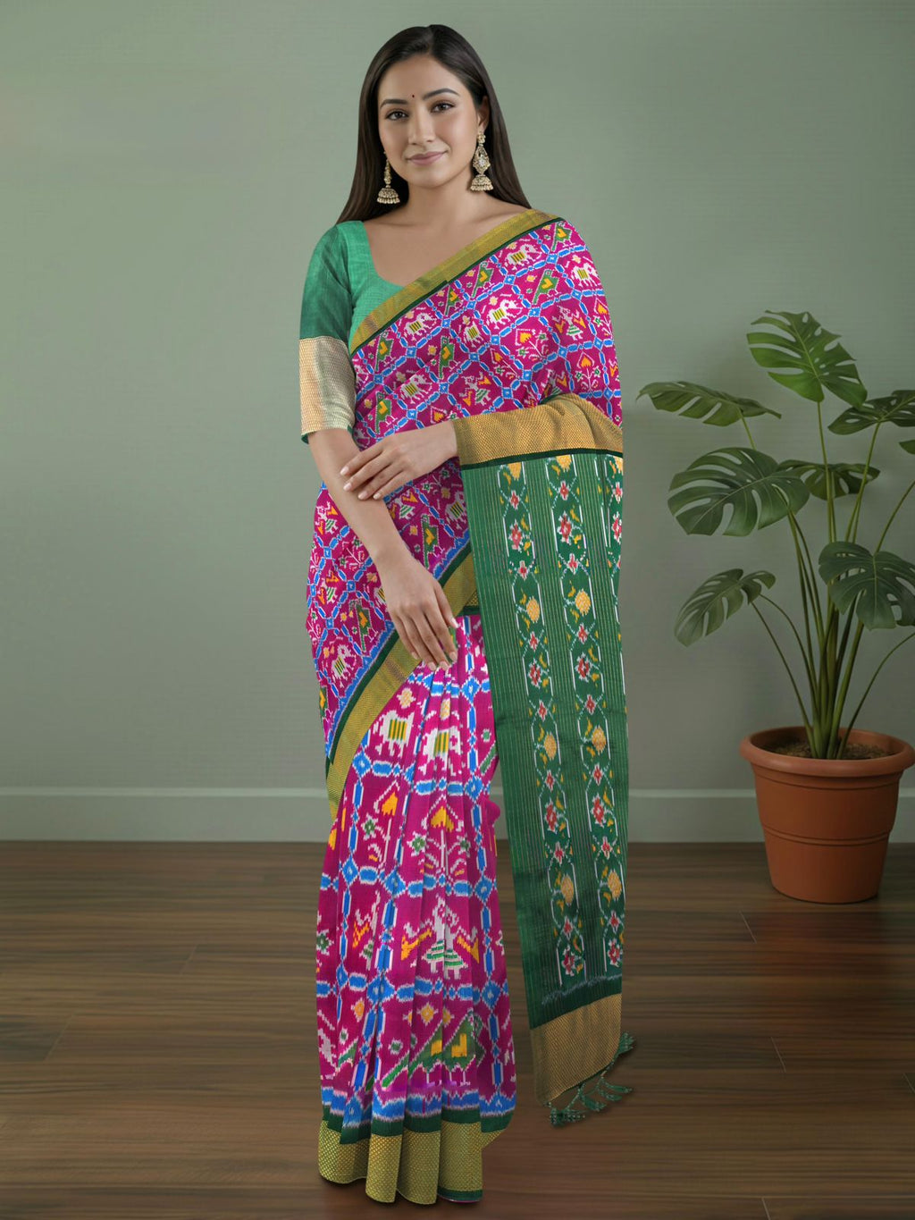 Pure Pochampally silk saree in pink double ikkat with designer pallu and contrast Blouse