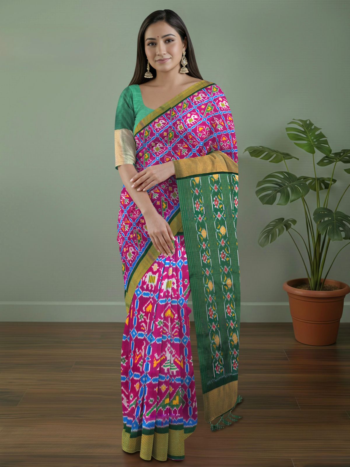 Pure Pochampally silk saree in pink double ikkat with designer pallu and contrast Blouse
