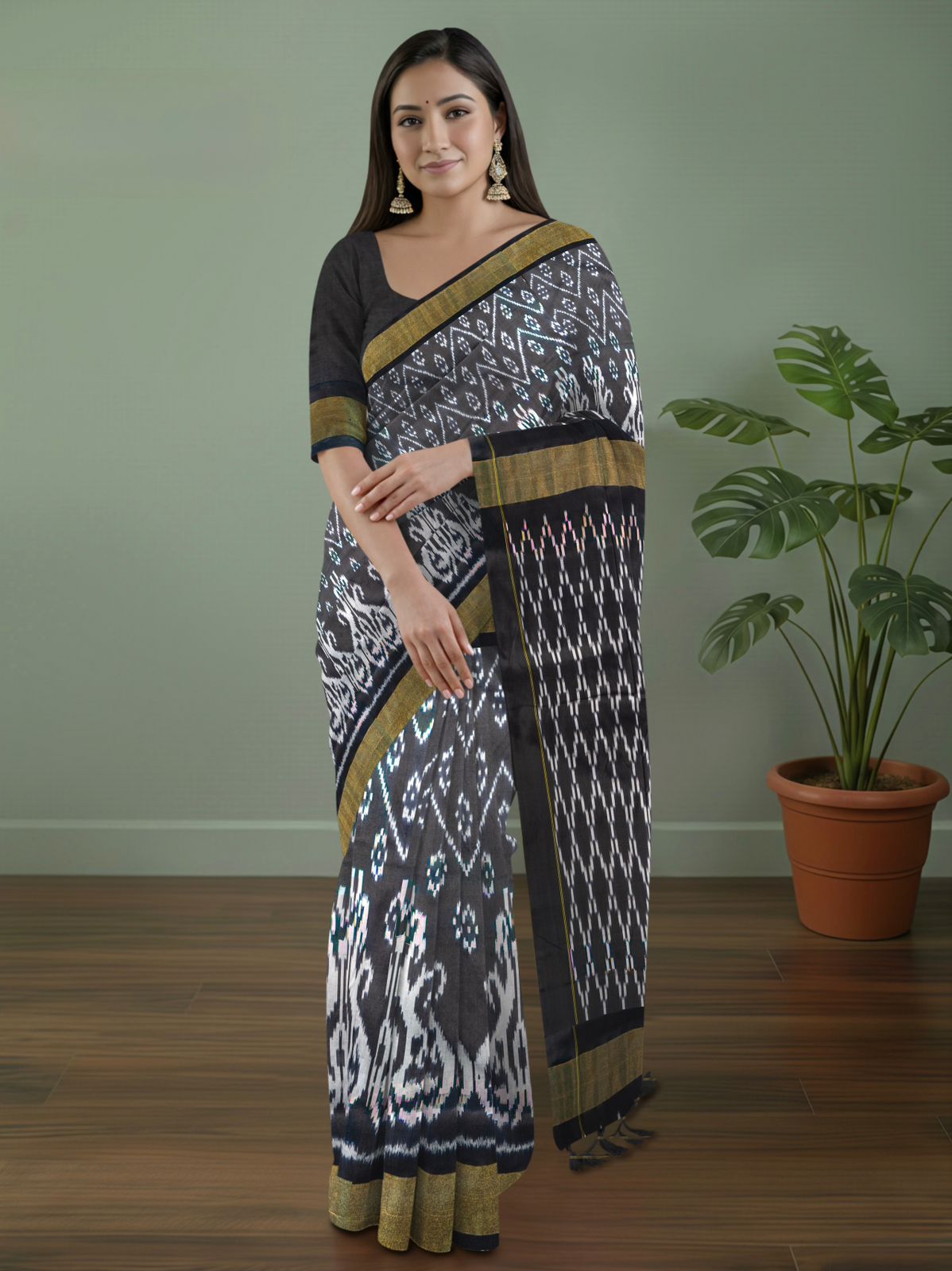 Pure Pochampally Black Silk Saree with Ikat Weaving & Golden Zari