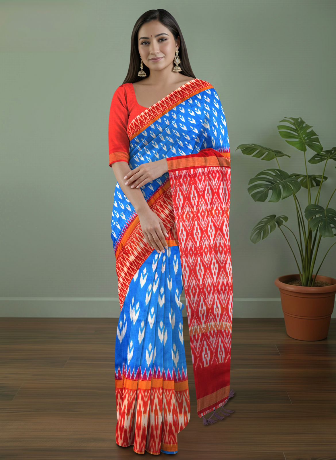 Pure Pochampally Double Ikat Blue Silk Saree with Red Ikat & Golden Zari pallu and border