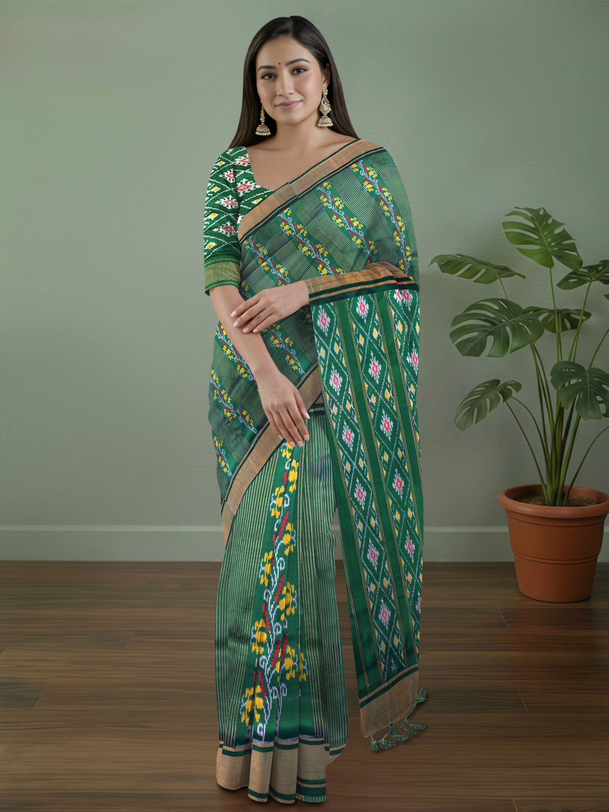 Pure Pochampally Silk Saree in Deep Bottle Green with Ikat & Zari Weaving