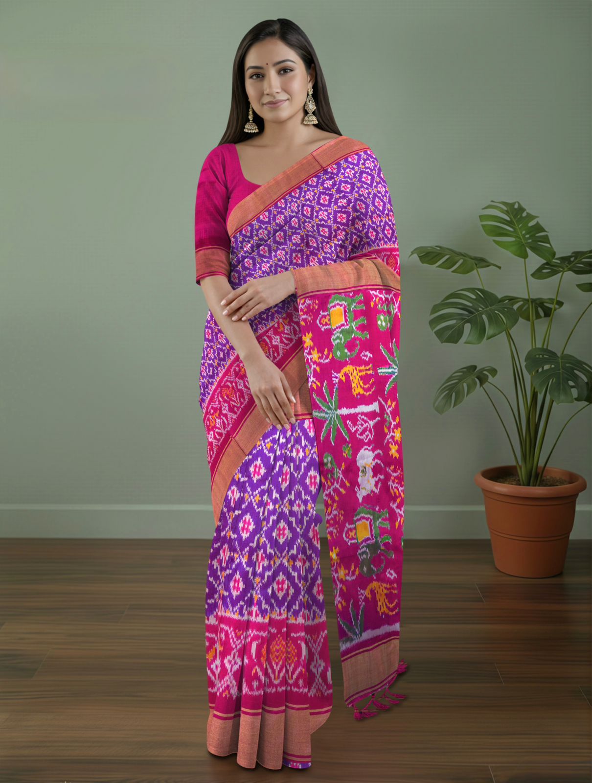 Pure Pochampally Double Ikat Silk Saree in Purple with Pink Ikat Border & Zari