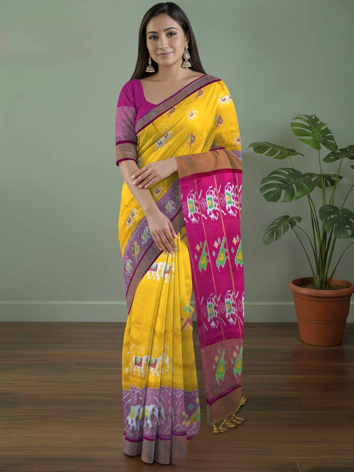 Pure Pochampally Double Ikat Silk Saree in Yellow with Elephant Ikat & Pink Pallu