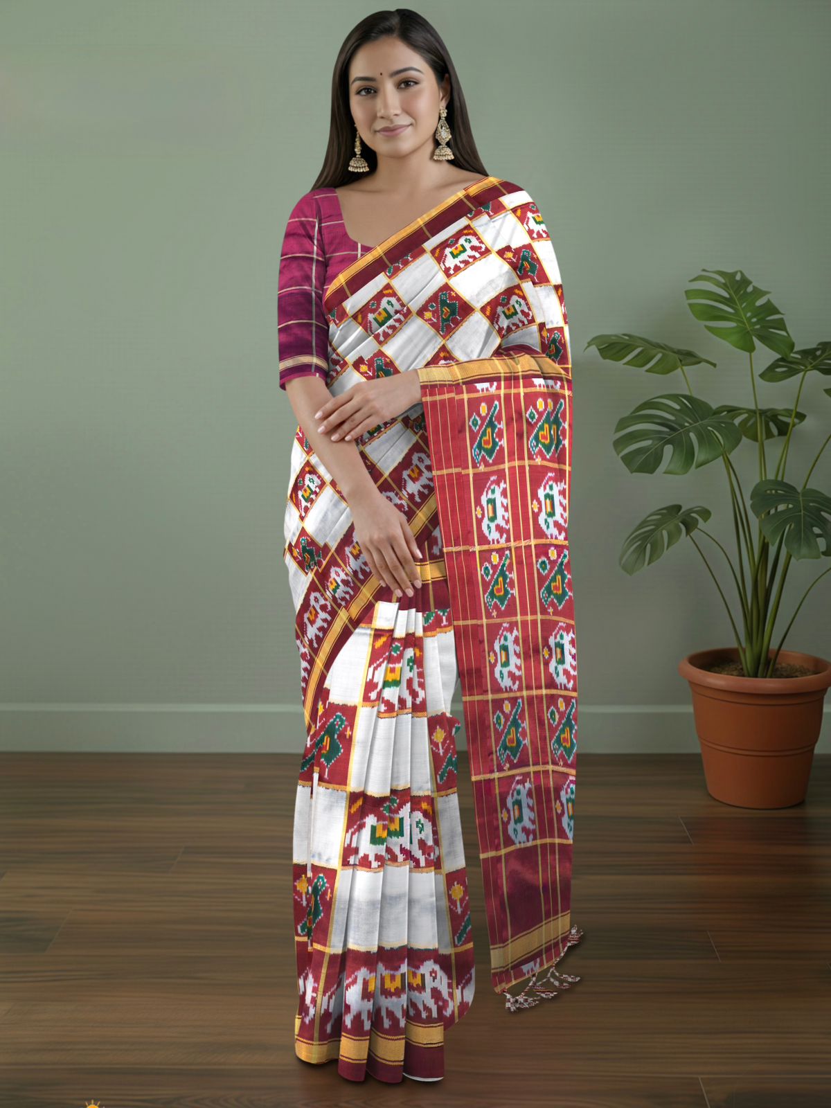 Pure Pochampally Double Ikat Silk Saree in Ghat Chola Checks with Elephant Ikat & Golden Zari