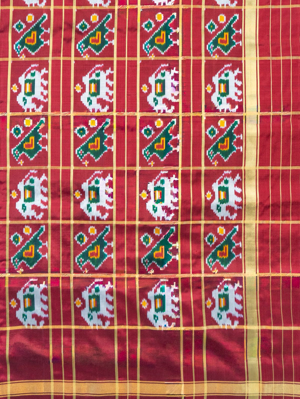 Pure Pochampally Double Ikat Silk Saree in Ghat Chola Checks with Elephant Ikat & Golden Zari