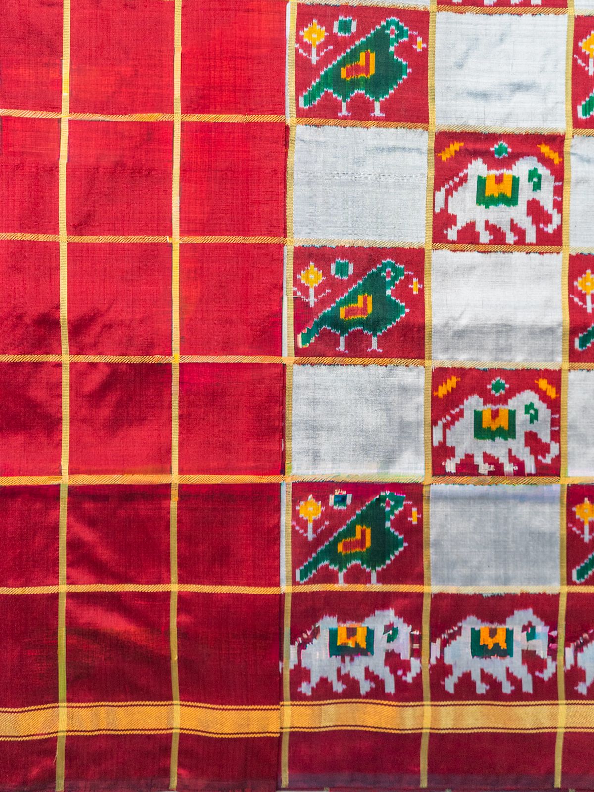 Pure Pochampally Double Ikat Silk Saree in Ghat Chola Checks with Elephant Ikat & Golden Zari