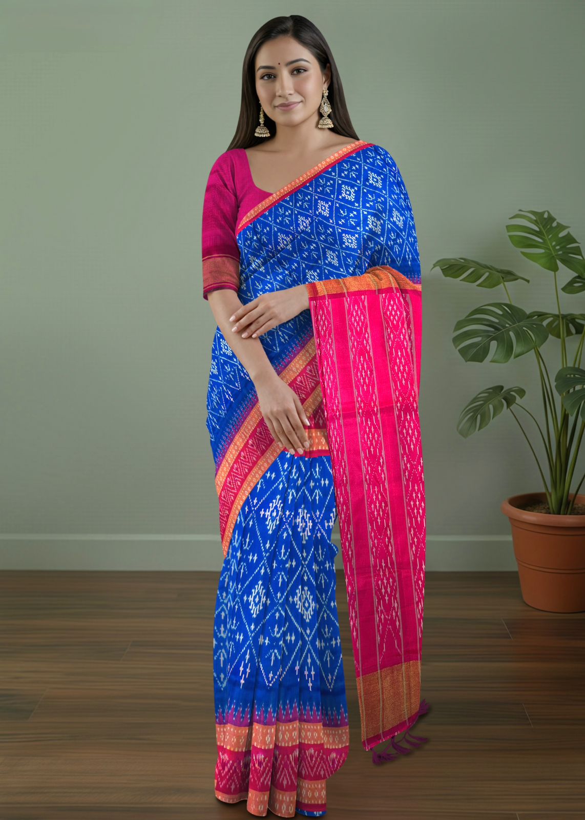 Pure Pochampally Double Ikat Silk Saree in Blue with White Ikat & Contrast Pink Pallu