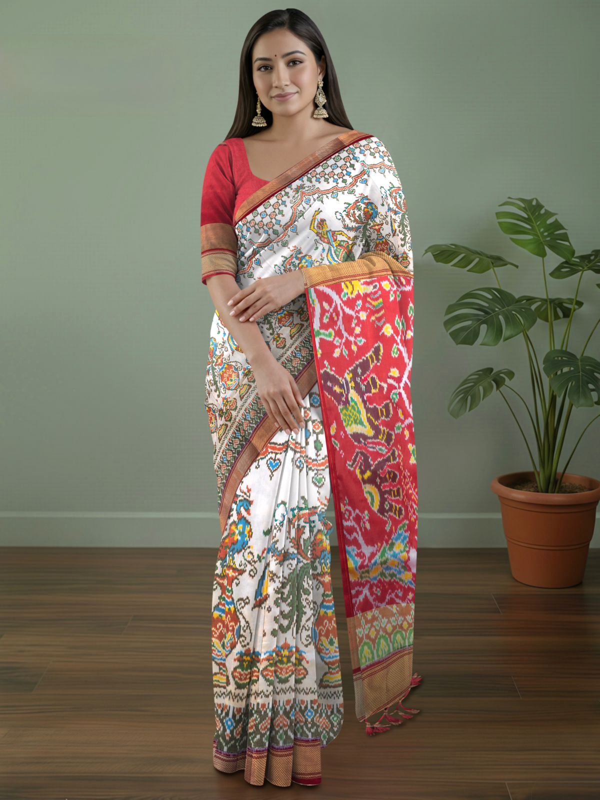 Pure Pochampally Double Ikat Silk Saree in White with Animal & Human Motifs and Red Pallu