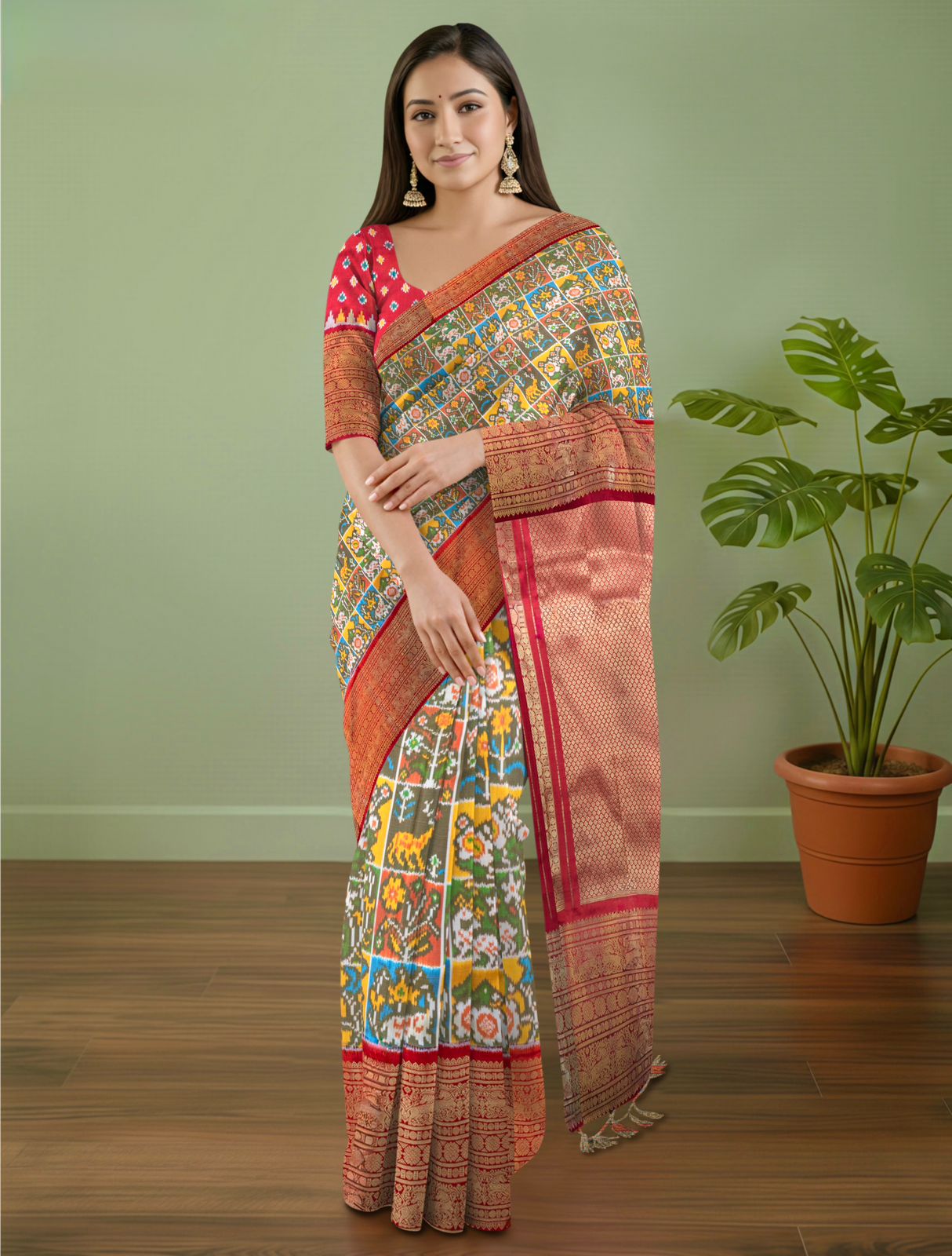 Pure Pochampally Double Ikat Silk Saree with Kanjivaram Border, Deep Red Designer Pallu