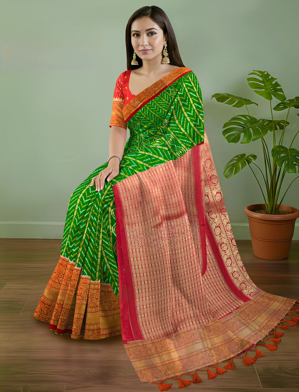 Pure Pochampally Ikat Silk Saree in Dark Green with Kanchivaram Border & Deep Red Zari Pallu