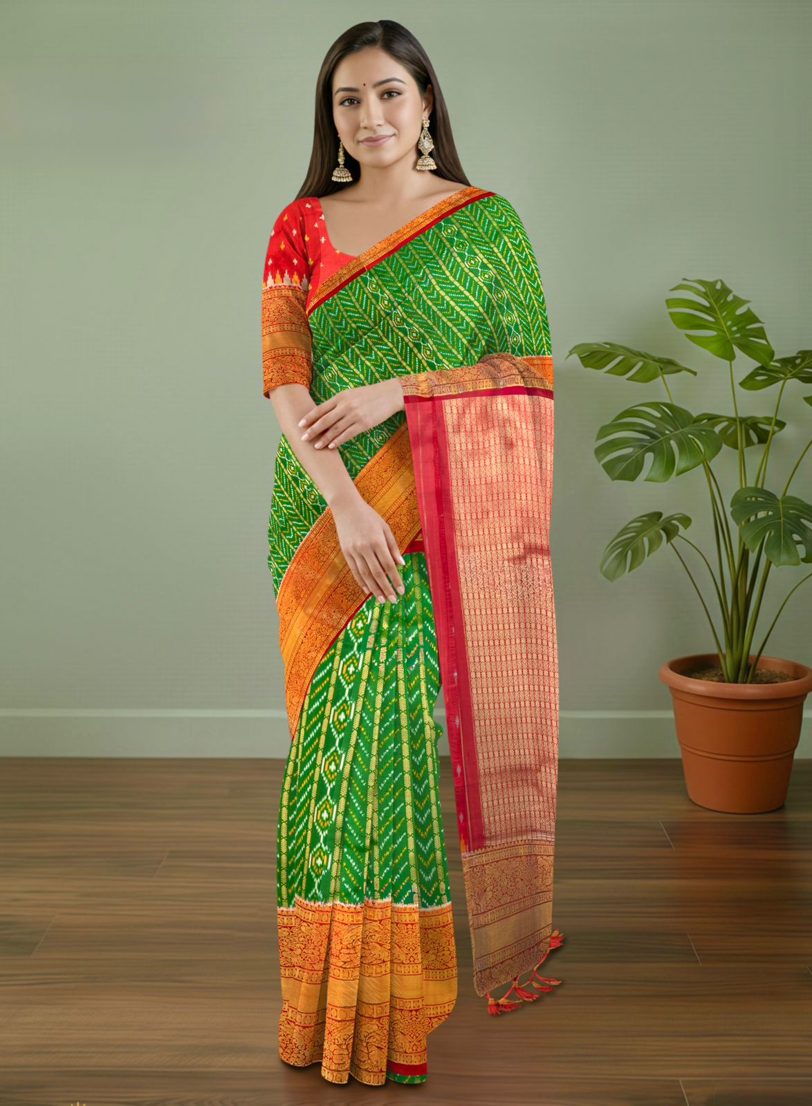 Pure Pochampally Ikat Silk Saree in Dark Green with Kanchivaram Border & Deep Red Zari Pallu