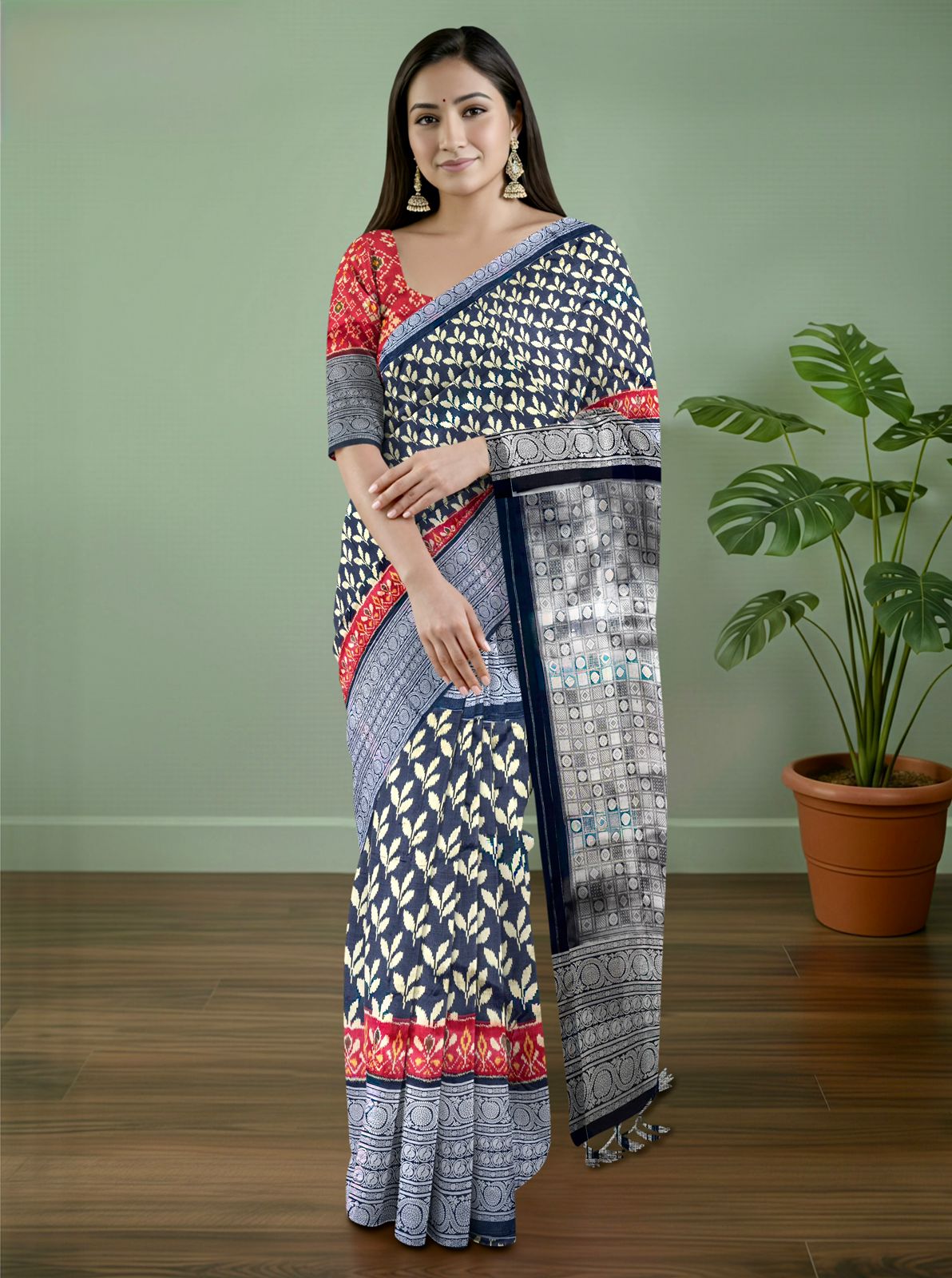 Pure Pochampally Silk Saree with Kanjeevaram Silver Zari Border & Black Silver Pallu