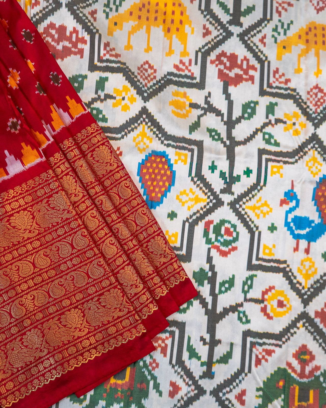 Signature Kanchipuram Pochampally Double Ikat Silk Saree in White with Red Zari Pallu