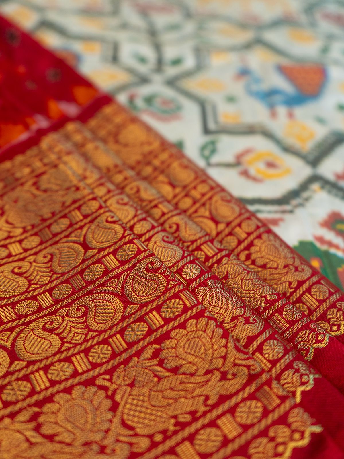 Signature Kanchipuram Pochampally Double Ikat Silk Saree in White with Red Zari Pallu