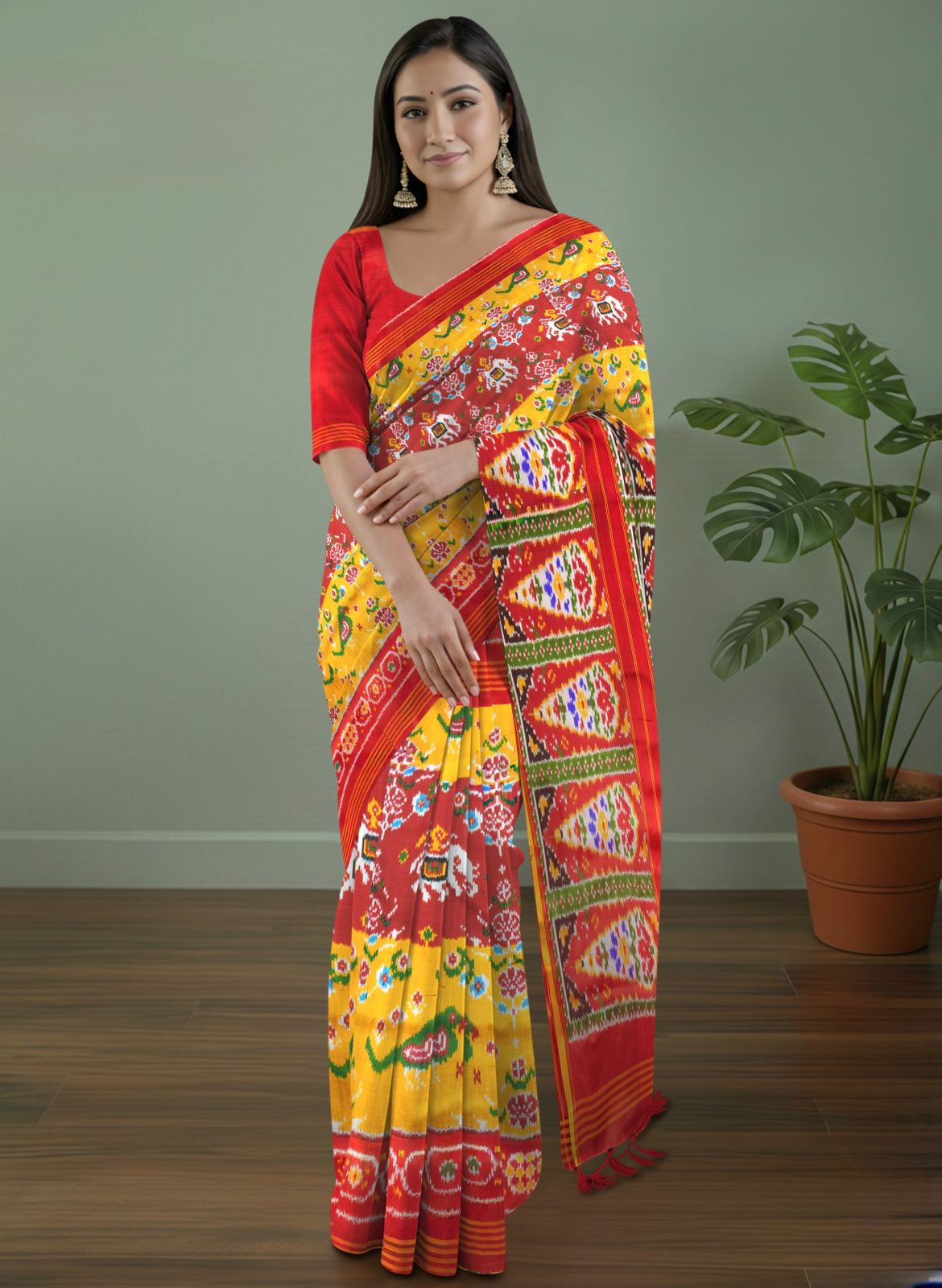 Pure Pochampally Silk Saree in Red & Mustard with Animal Ikat Weaving and Red Pallu