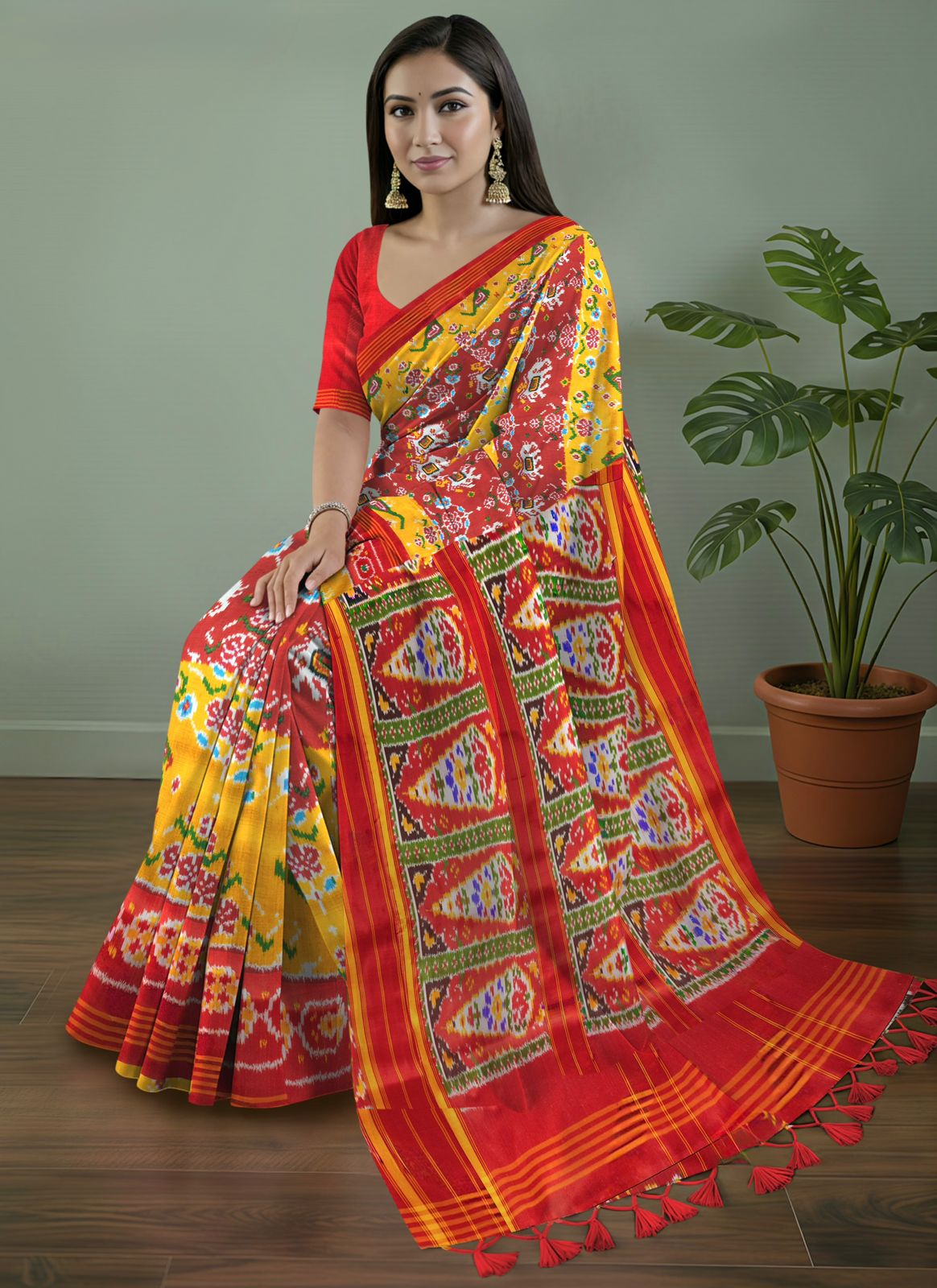 Pure Pochampally Silk Saree in Red & Mustard with Animal Ikat Weaving and Red Pallu