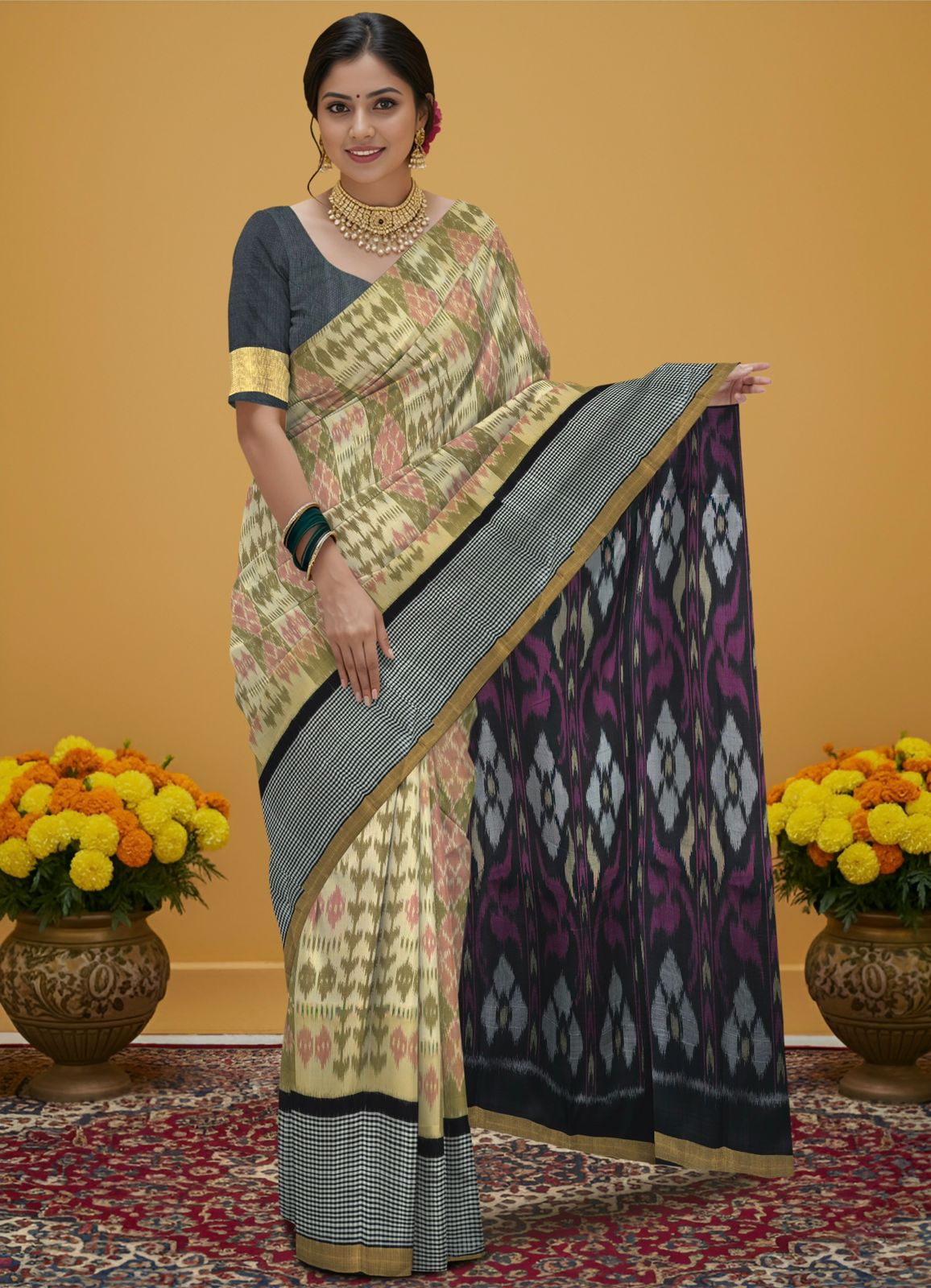 Pure Pochampally Double Ikat Silk Saree in Cream Beige with Multicolour Ikat pattern on Black Pallu