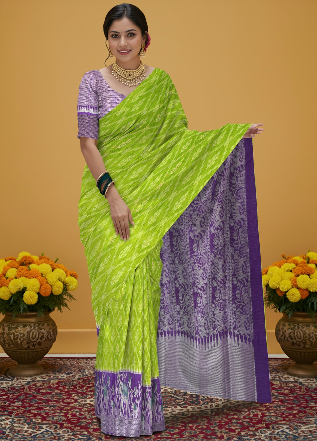 Emerald green pochampally weaving silk saree with designer pallu and blouse